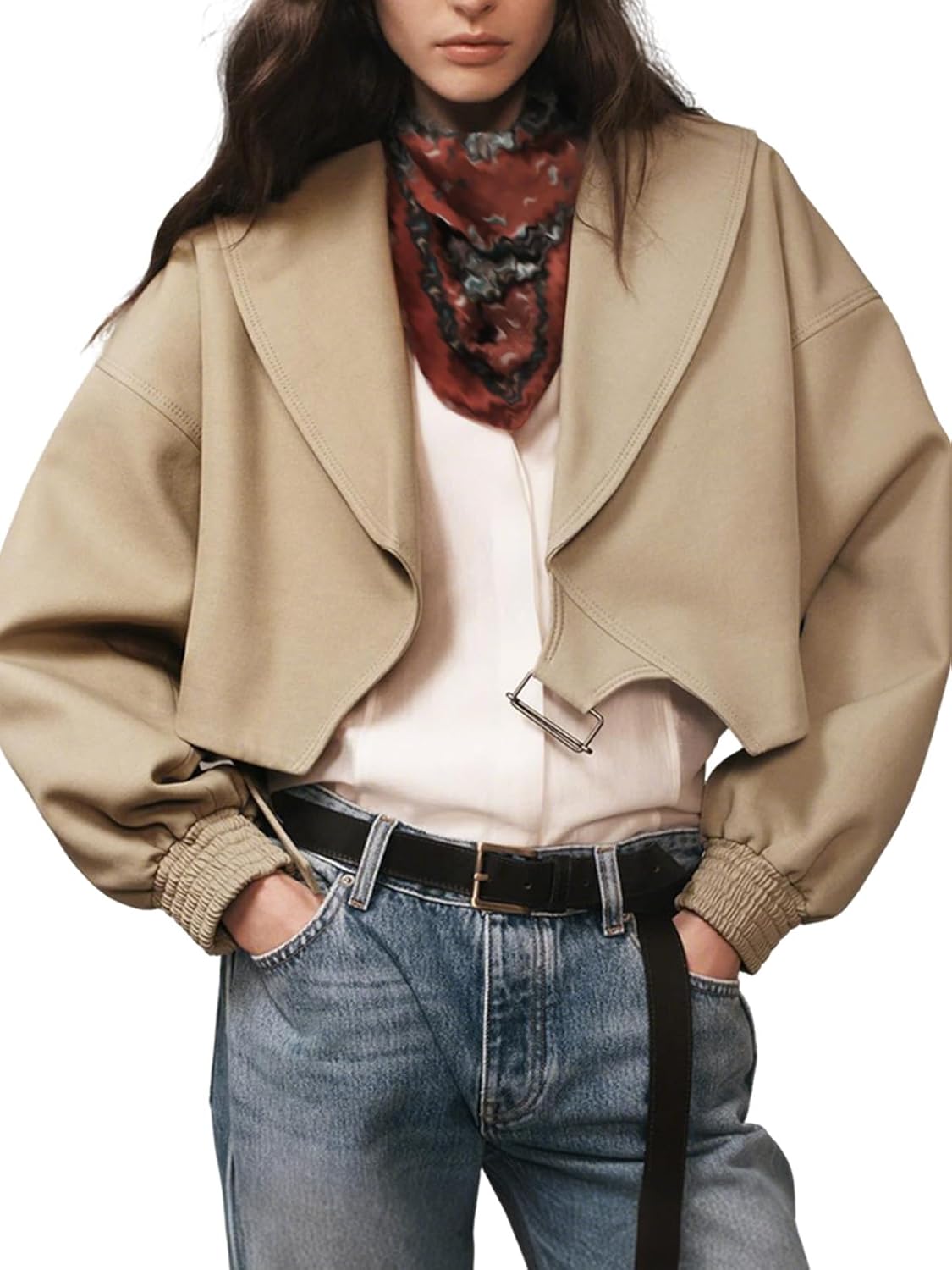 Womens Cropped Trench Jacket Buckle Lapel Collar Oversized Long Sleeve Trendy Streetwear Short Coat