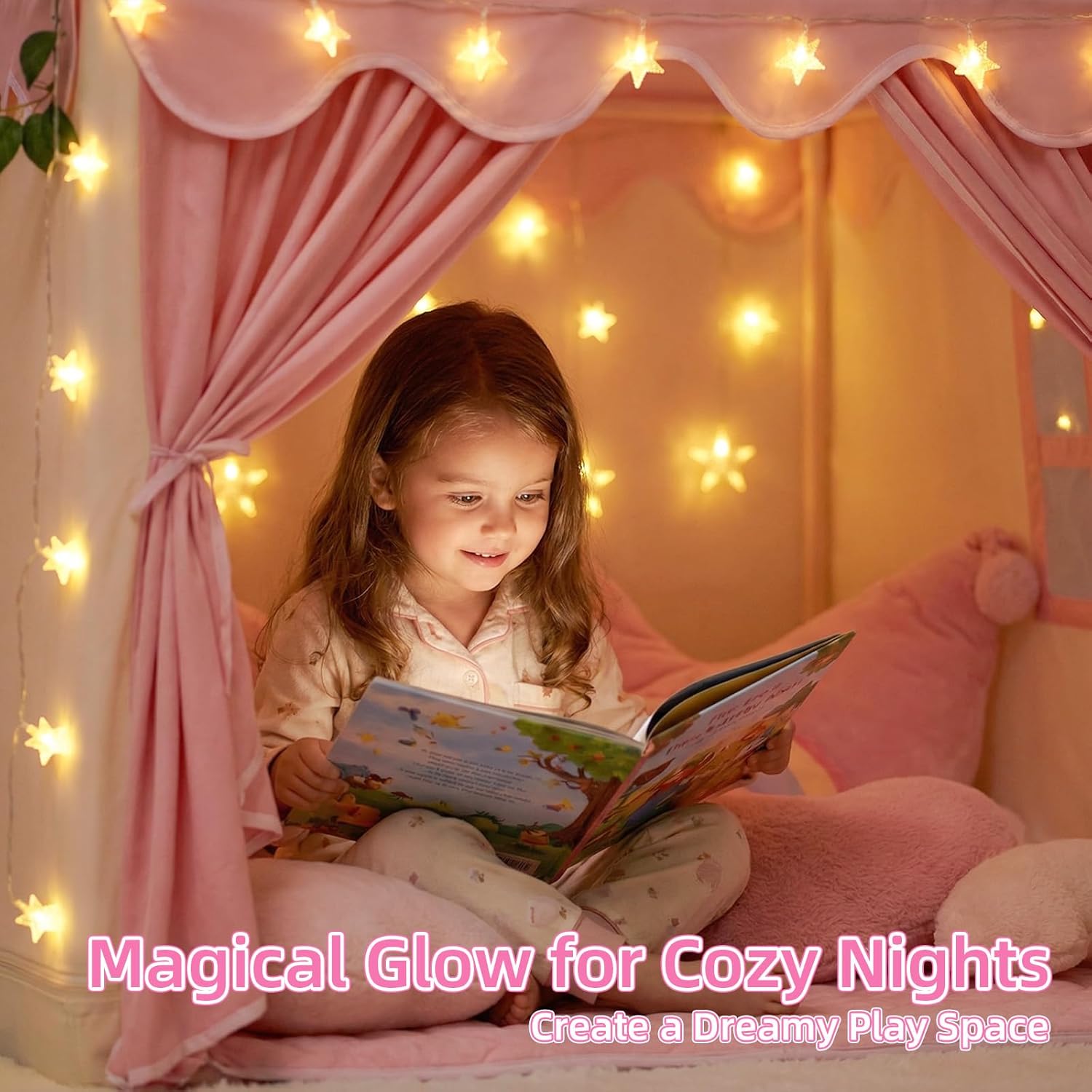 Kids Tent for Grils Indoor: with Mat, Star Lights - Pink Play Tents for Kids Indoor Playhouse - Princess Tent for Playroom Gift for Girls Birthday (Pink W/Cloth)