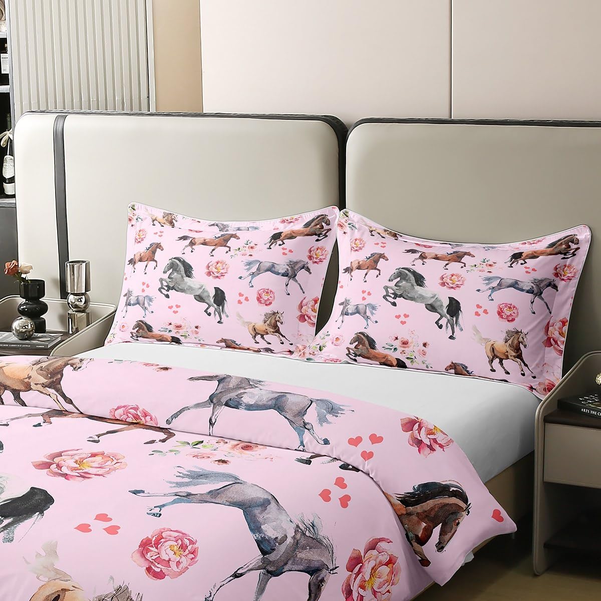 100% Cotton Horse Comforter Cover Queen Farm Western Cowboy Cowgirls Bedding Set for Kids Boys Girls Pink Rose Floral Duvet Cover with Lover Heart Decor Kawaii Horse Quilt Cover with 2 Pillowcases