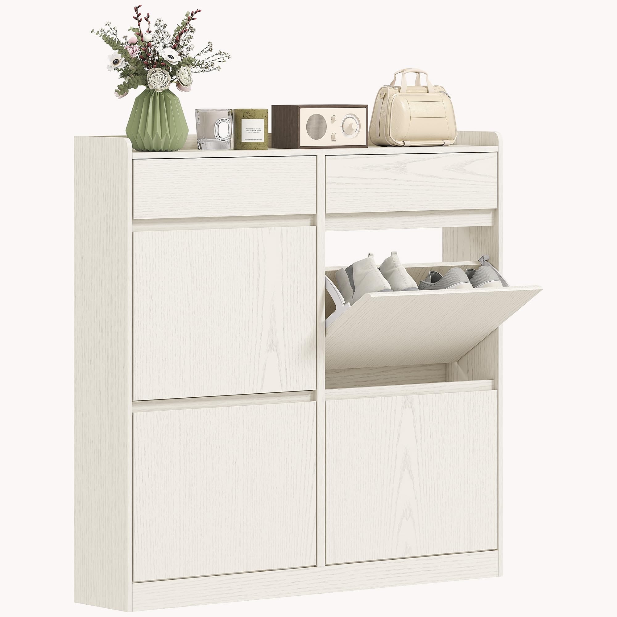 HOMCOM Scarpiera Salvaspazio Slim Porta Scarpe 98x19.2x95.3 cm Bianco | 4 Ante a Ribalta, Scarpiera Ingresso, 2 Cassetti Scorrevoli in Legno, per 8 Paia