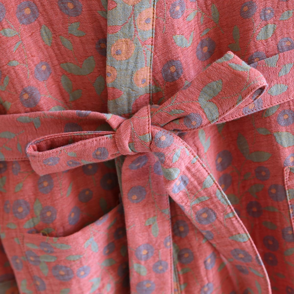 Cotton Double Gauze Traditional Hanfu Midi-length Nightdress Printing Tie-belt Bathrobe Loose Pajamas Comfortable Nightgown Sweat Steaming Yukata Sauna Suit Sleepwear Kimono for Women Large(Pink Bird) - Image 5