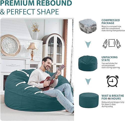 Miniatura 432 de Puf de 5 pies, puf grande con relleno de espuma viscoelástica, sofá puff esponjoso con funda de terciopelo holandés, puf redondo para sala de estar,