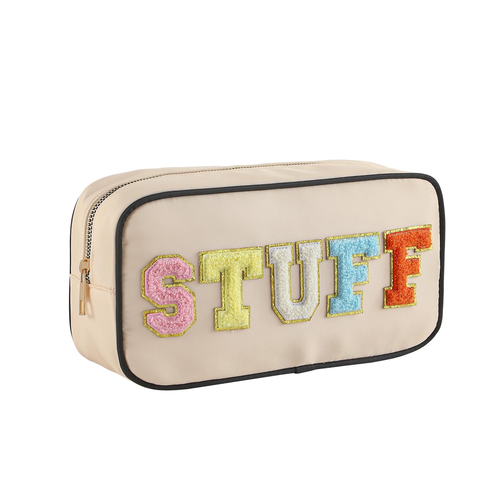 DYSHAYENNylon Cosmetic Bag Small Travel Preppy Makeup Pouch Bag for Women with Chenille Letter Patches