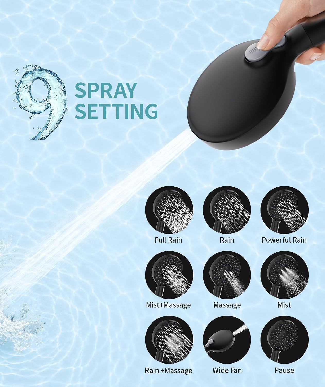 Ducha de Mano con Filtro de Múltiples Capas, 8 Funciones de Rocío y Lavado Potente para Limpieza de Mascotas y Tina, Manguera de 71 Pulgadas,Negro,Set