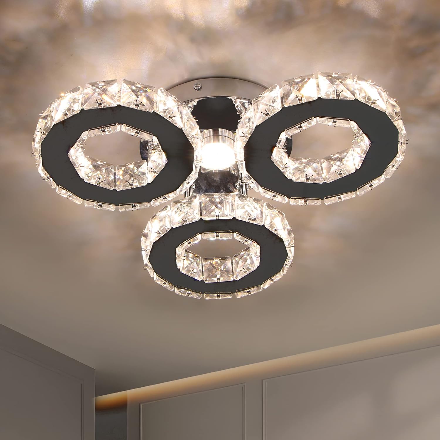 Amаzіng 🔥 TongLan Crystal Pendant Ceiling Light Fixture Flush Mount Stainless Steel 3 Rings Big Modern LED Chandelier for Dining Room Living Room Bedroom (Dimmable)