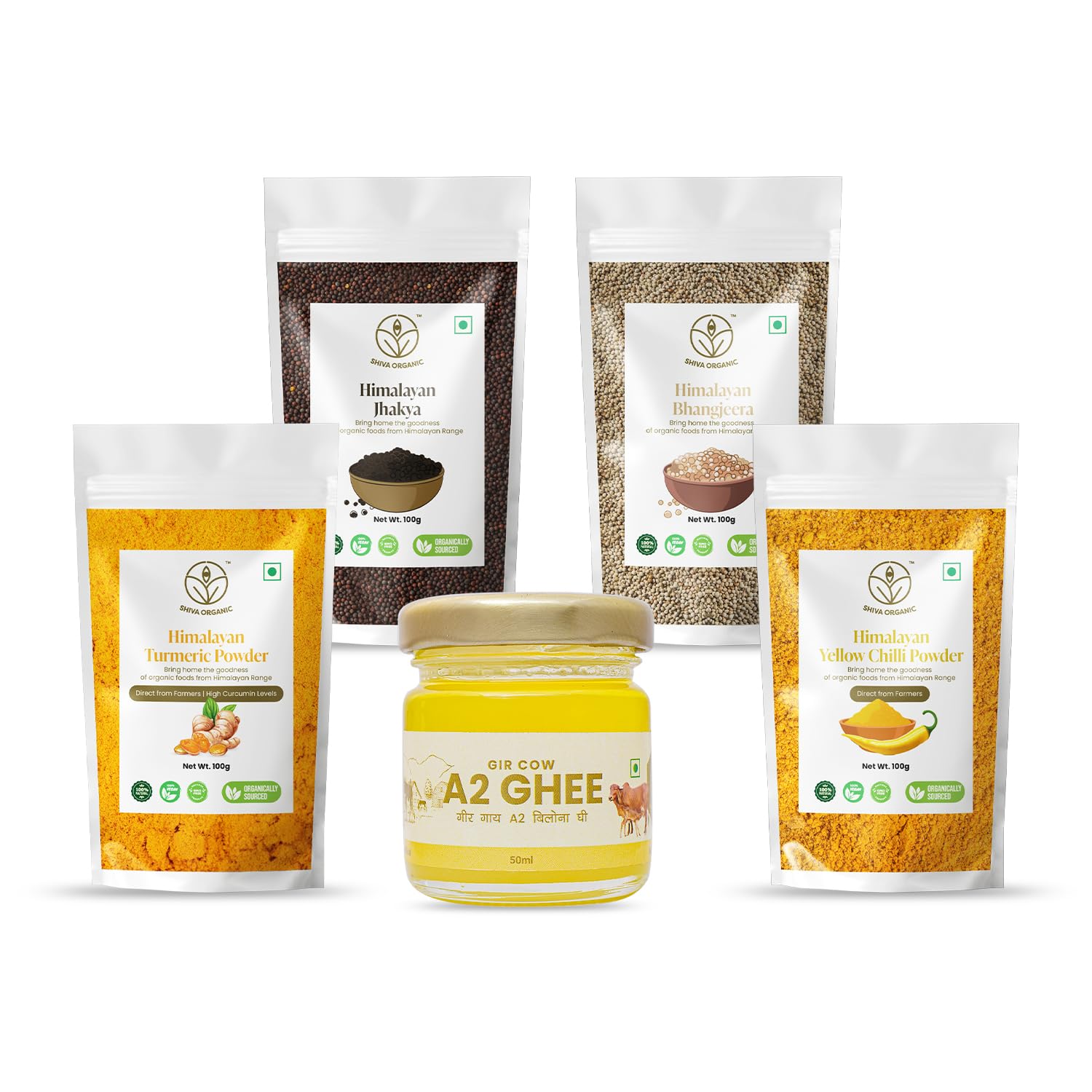 Shiva Organic Himalayan Bhnagjeera/Perilla Seeds/Wild Mustard/Turmeric Powder/Yellow Chilli Powder - Sourced organically from Uttrakhand (Himalayan Spices, A2 Ghee Combo, 450g (4 * 100g, 50ml)