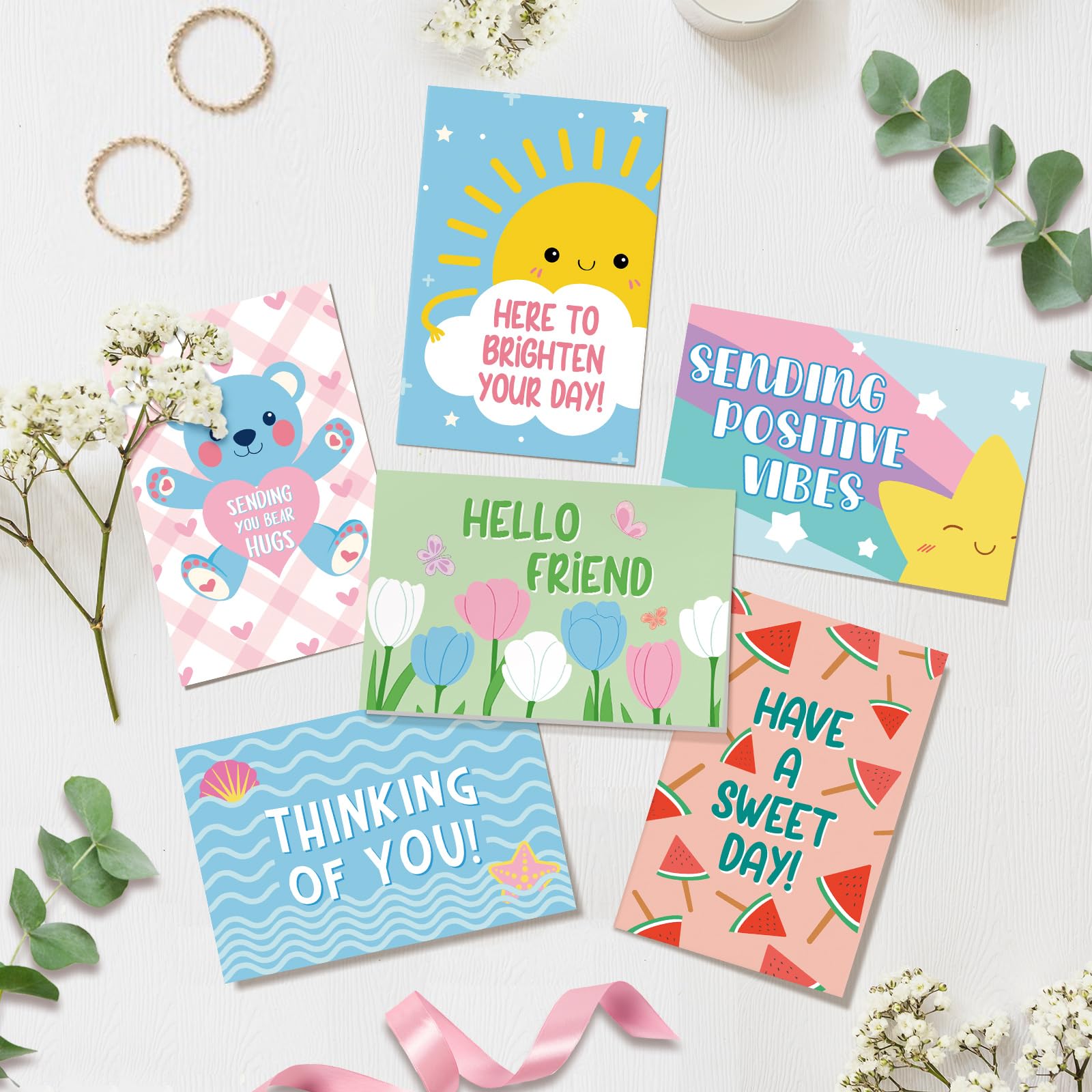 Juego de 24 bonitas tarjetas de aliento, paquete de tarjetas Sweet Thinking of You con sobres, tarjeta de apoyo colorida a granel para amigos y familiares, 4 x 6 pulgadas (6 diseños, 4 cada uno)