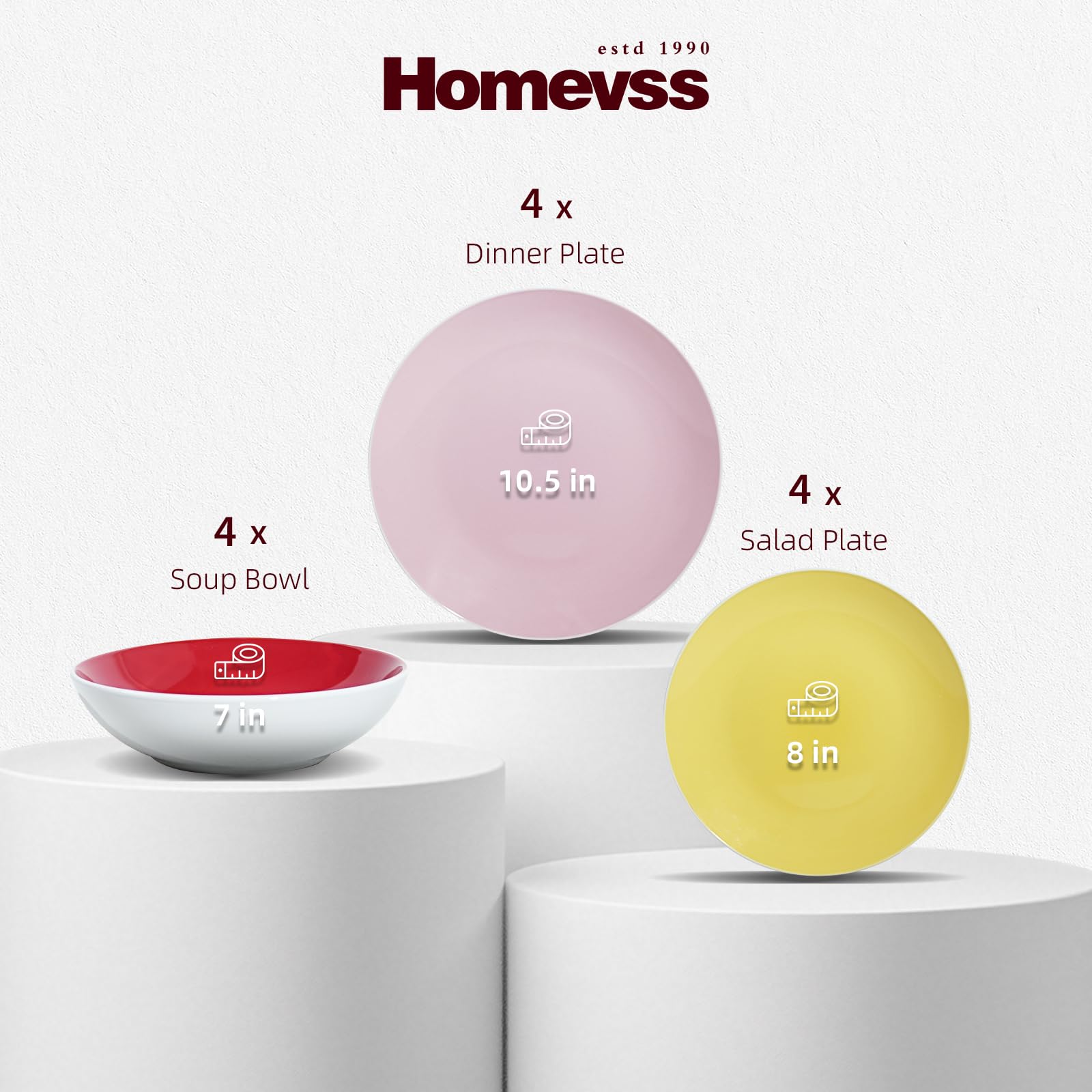 HomeVss, Juego de vajilla de cerámica en forma de cupé, exterior blanco + interior (juego de 12 piezas, muy rosa)