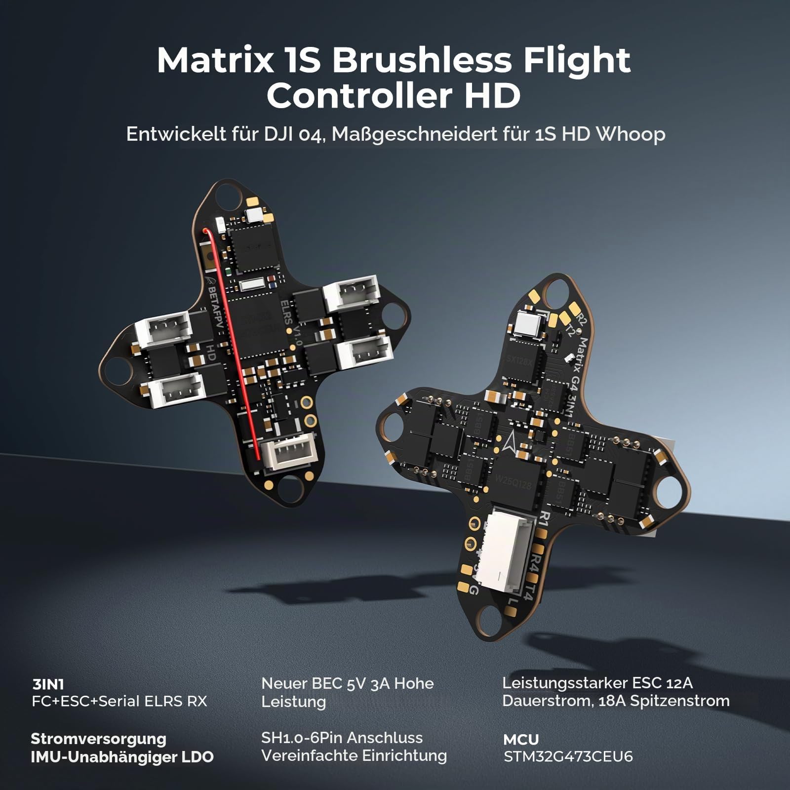 BETAFPV Matrix 1S Brushless Flight Controller G4 3IN1 HD BMI270 - ELRS | Built-in Serial ELRS RX, 5V 3A BEC, 12A ESC, 16MB Blackbox, SH1.0-6Pin Connector for O4 Air Unit, DIY 1S HD Whoop like Meteor