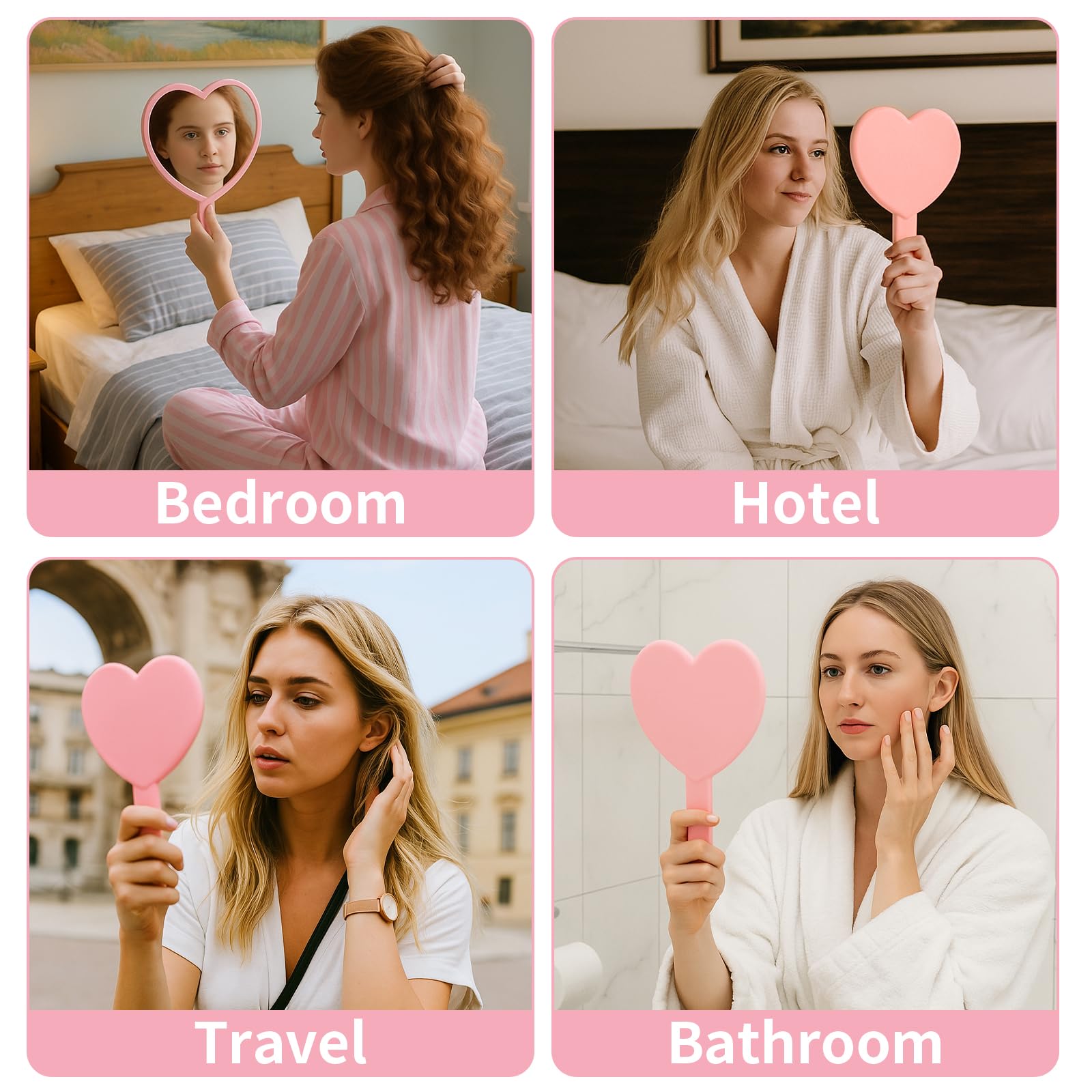 Espejo de mano de viaje en forma de corazón, espejo de mano cosmético con asa, bonito espejo de mano para afeitarse de un solo lado, espejo portátil de viaje para hombres y mujeres (rosa, 1 7