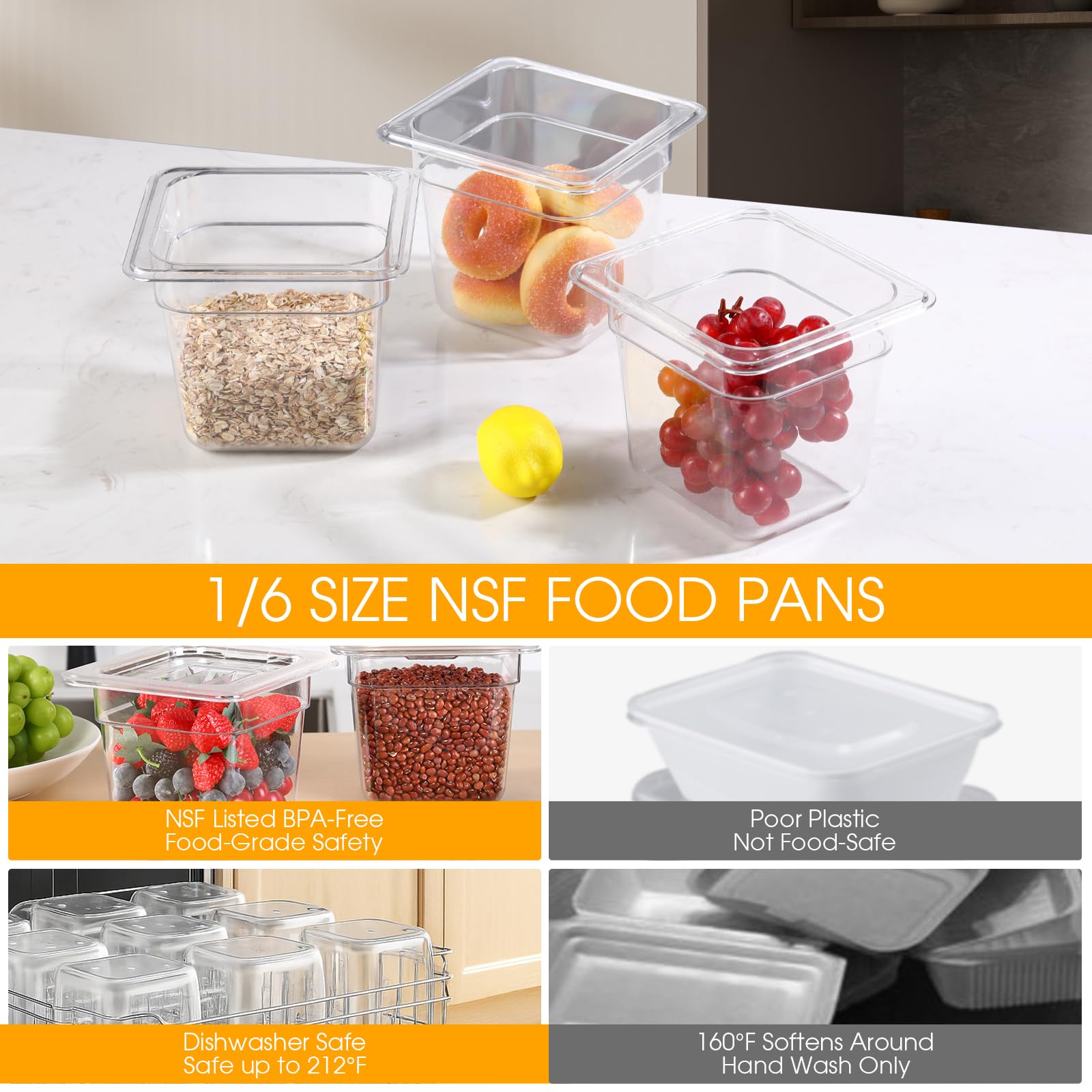 Paquete de 12 sartenes de plástico para alimentos con marcado de capacidad de 6 pulgadas de profundidad, sartenes comerciales transparentes de 1/6 sartén, contenedores de almacenamiento de