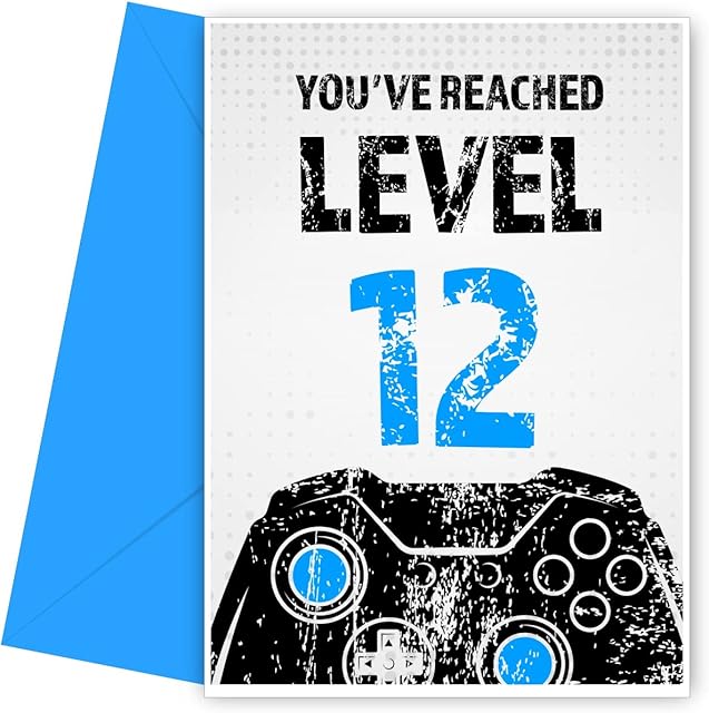 Gamer 12th Birthday Card for Boy - Black & Blue Reached Level 12 Bday Card for Son, Great Grandson, Nephew or Brother. Gaming Happy Birthday Card for 12 Year Old Boy - Video Gamers 12th twelve Bday