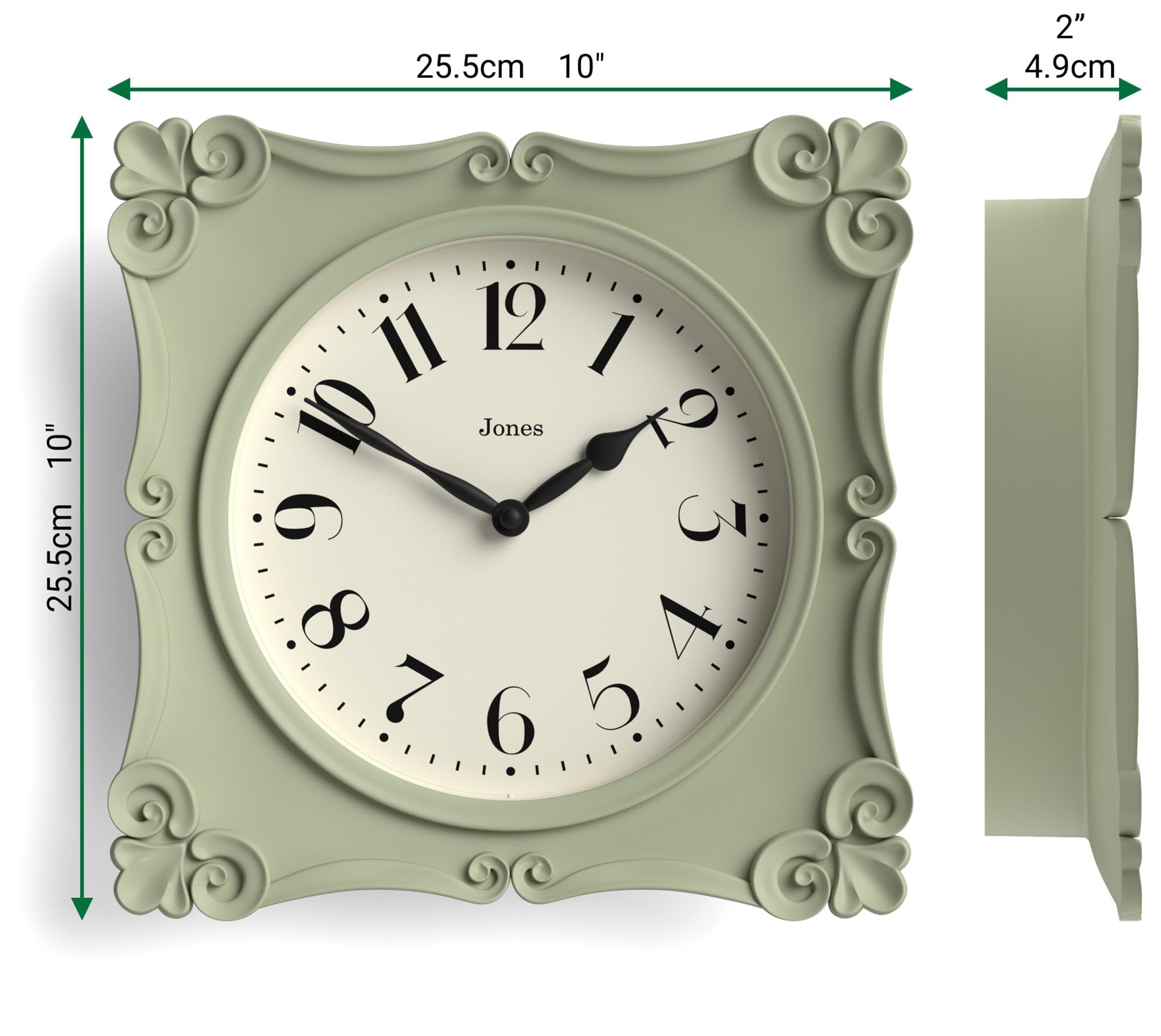Jones Clocks® Rialto wall clock, Sage Green, 25.5 x 25.5 x 5 cm - Image 4