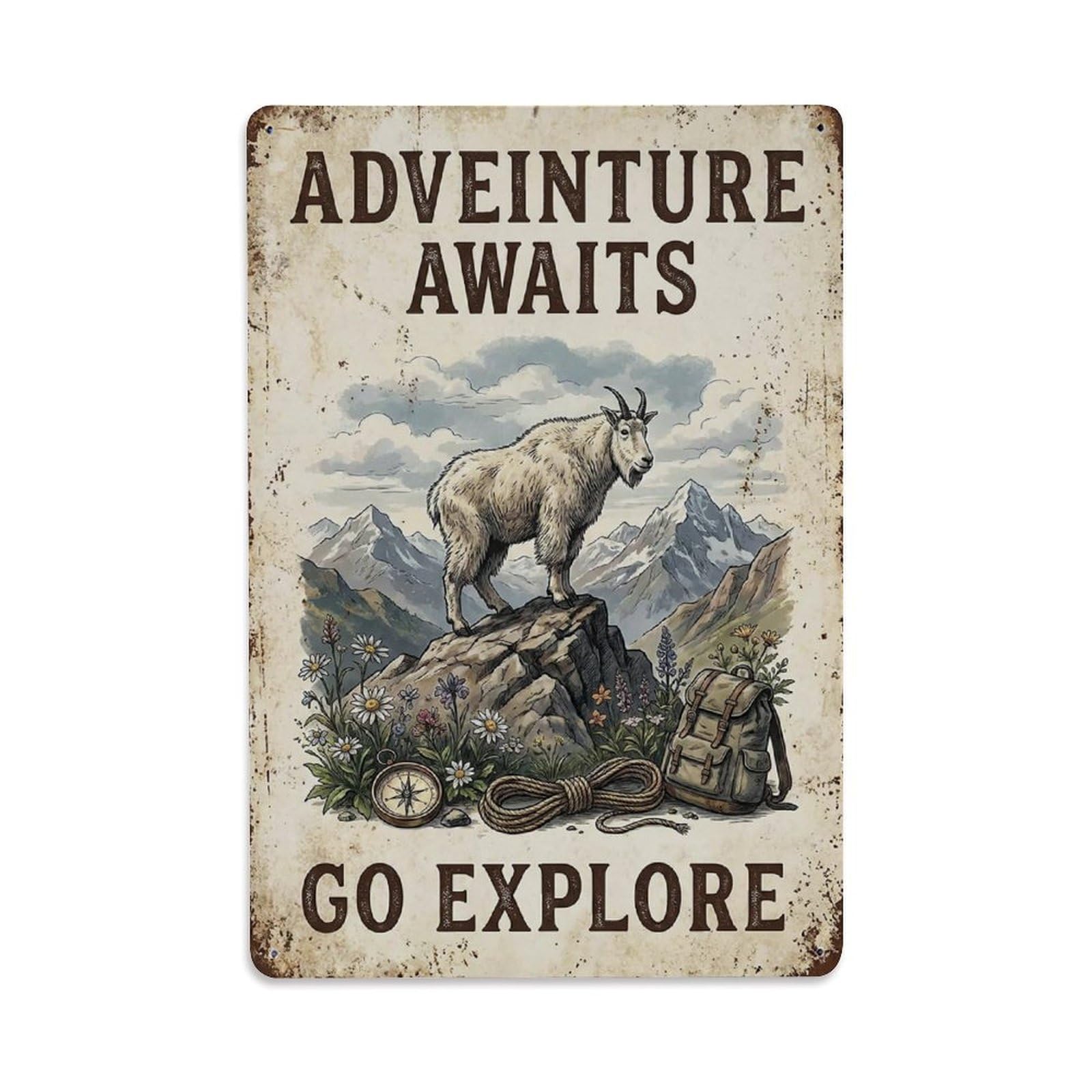 Adventure Awaits Go Explore Mountains Metal Tin Sign