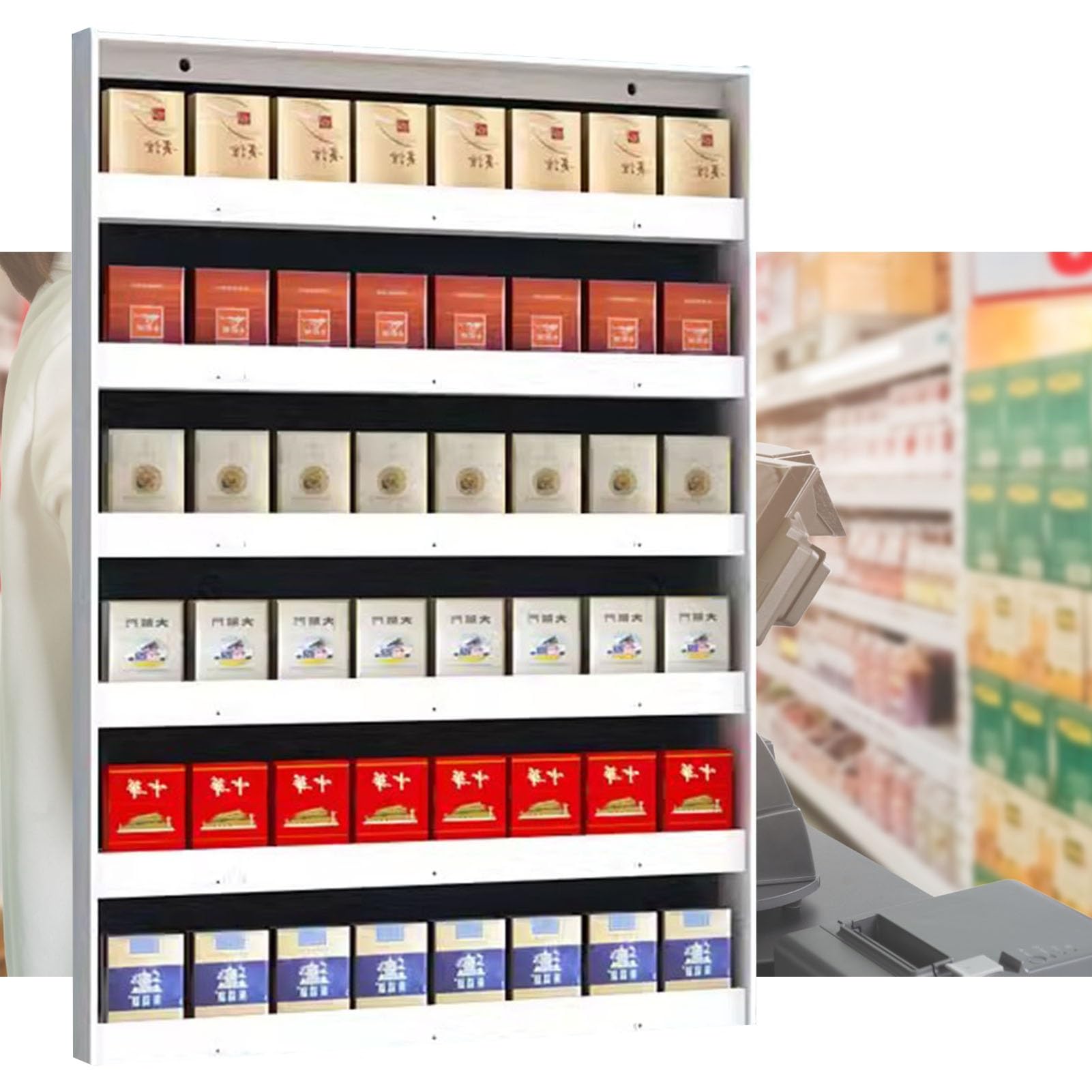 Soporte comercial para exhibición de cigarrillos con acabado acrílico de alta resistencia