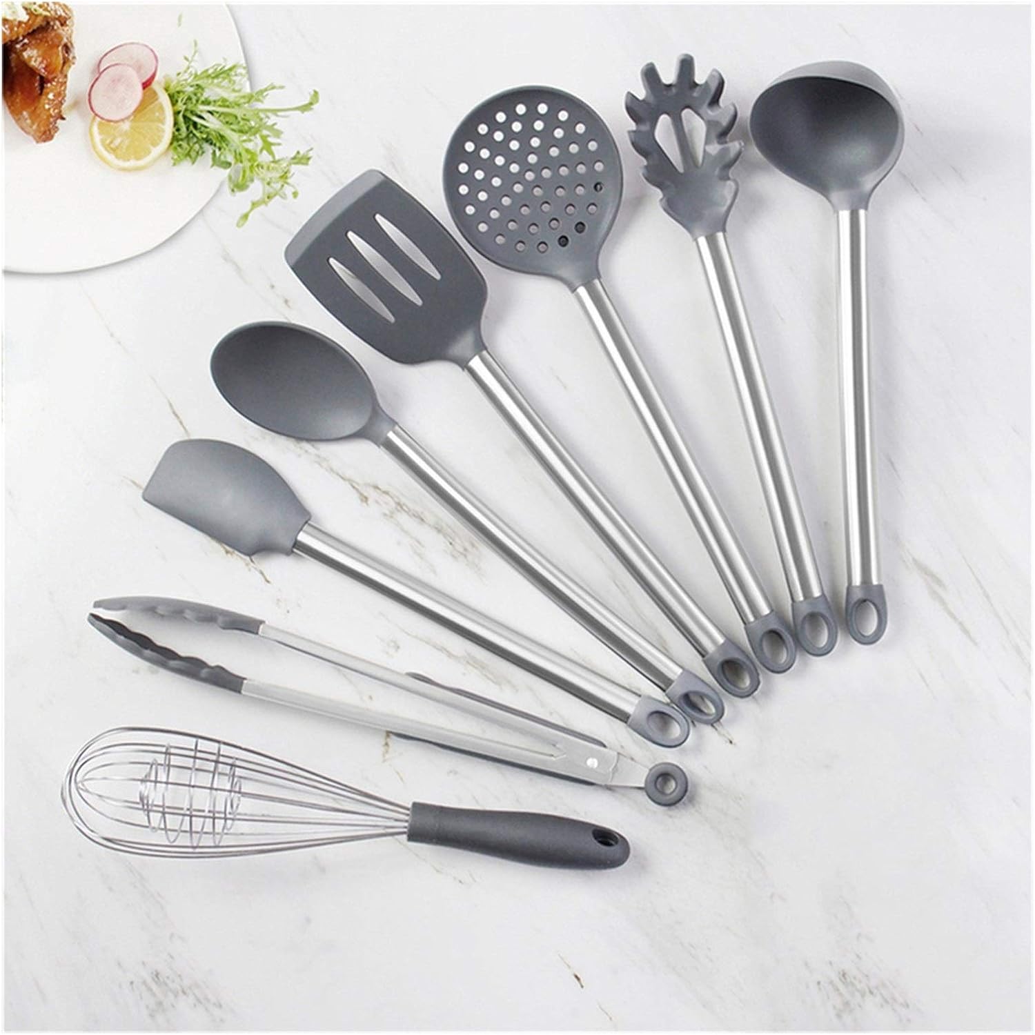 Gray Silicone Kitchen Set 8/9pcs Kitchen Utensils Set Stainless Steel Handle Non-Stick Pan Spatula Cooking Utensils Kitchen Gadgets Tools Set (Color : 8 pcs Kitchen Set) (9 Pcs Kitchen Set2)