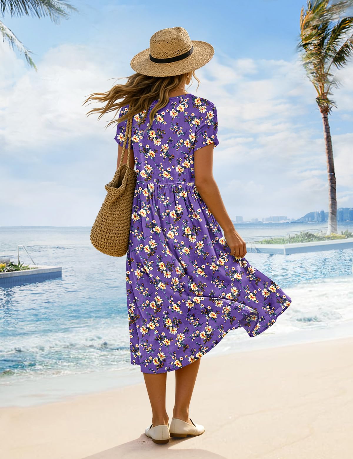 Vestido largo de verano para mujer, casual, holgado, bohemio, floral, para vacaciones en la playa, con bolsillos, HD1