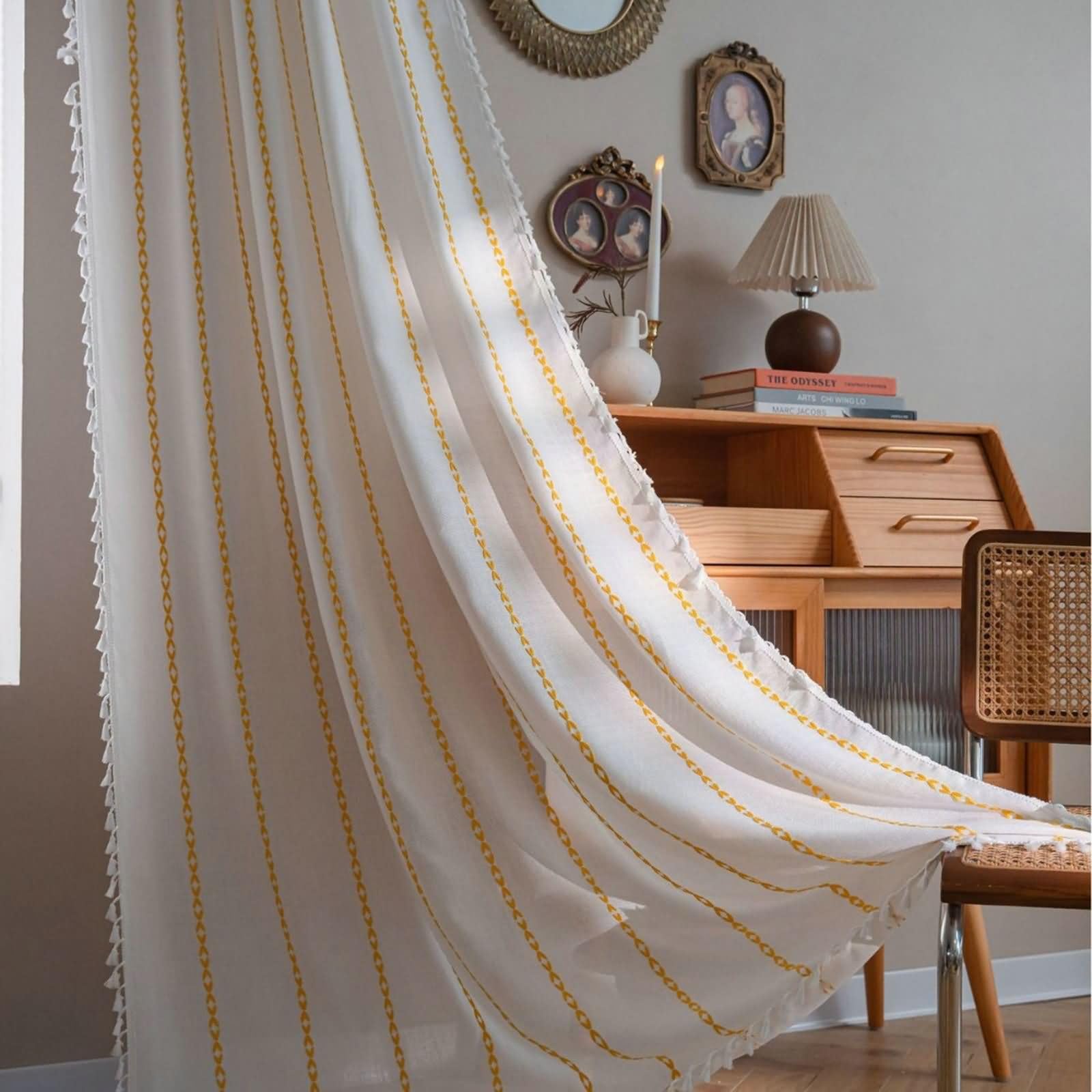 Homxi Curtains Semi Blackout 2 Panel Set,2 x 52W x 36H inch,Window Curtains Yellow White for Restaurant Stripes Embroidery with Tassels Eyelet Curtain
