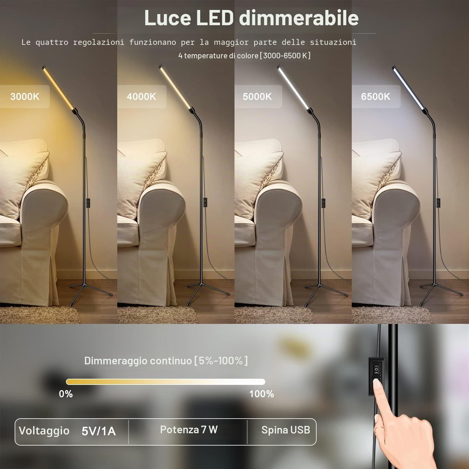 Lampada da terra a LED per soggiorno, lampada per ciglia per estensioni delle ciglia, lampada da lettura a piedi, lampada da lettura a temperatura di colore personalizzata, lampada (x7-USB-U)