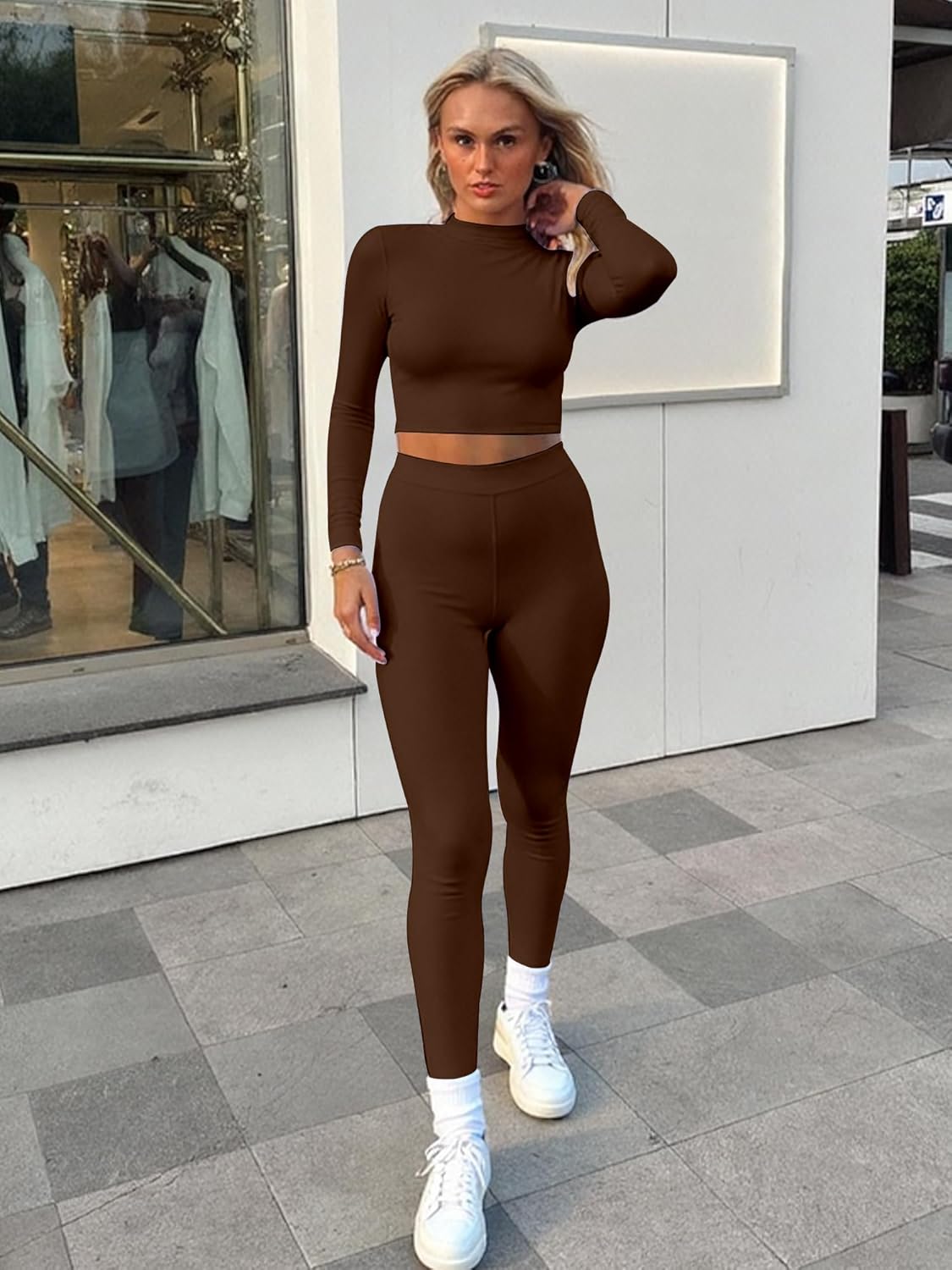 Kaximil Women's Workout Tracksuit 2 Piece Outfits Long Sleeve Crop Top High Waist Legging Pants Set - Image 5