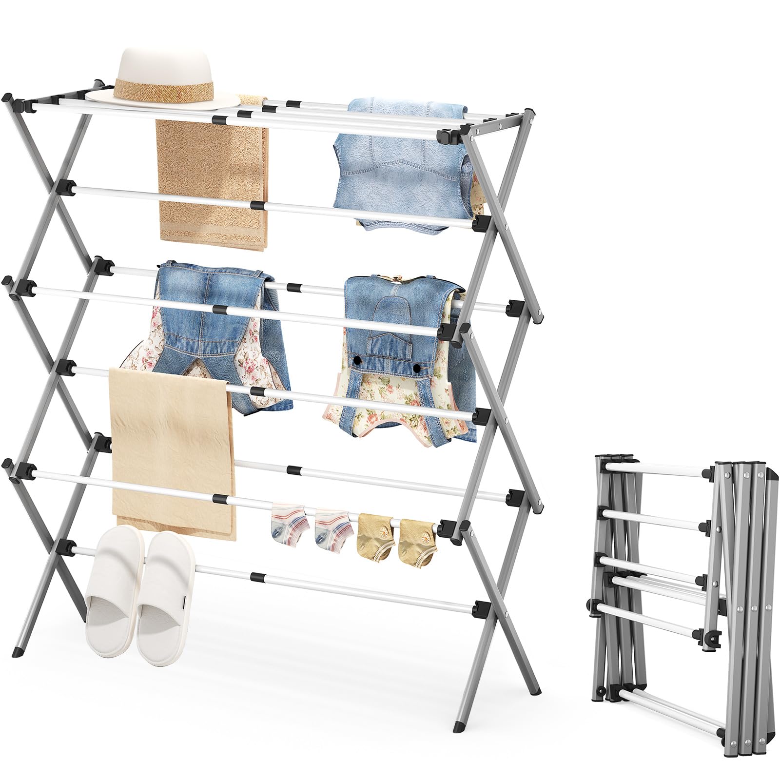 SYKIARIOL Stendibiancheria piccolo a 3 livelli, stendibiancheria pieghevole a 3 livelli, stendino verticale a torre estensibile,stendibiancheria verticale per interni ed esterni, bianco (gris)