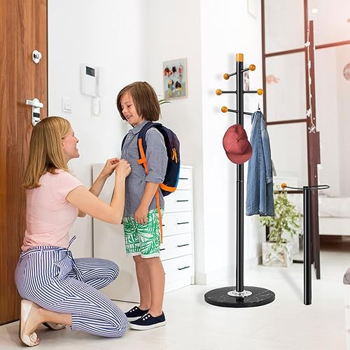 Miniatura 3 de Perchero de 71 pulgadas, resistente con base de mármol, perchero de metal con 9 ganchos para colgar bufandas, bolsos, sombreros, chaqueta rotativa