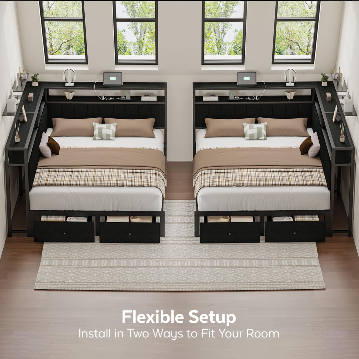 Queen Corner Bed Frame with Storage Drawers, Modern Daybed with LED Lights and Charging Station, Metal Platform Bed Frame Queen Size with Linen Upholstered Guardrail for Dorm Bedroom, Black