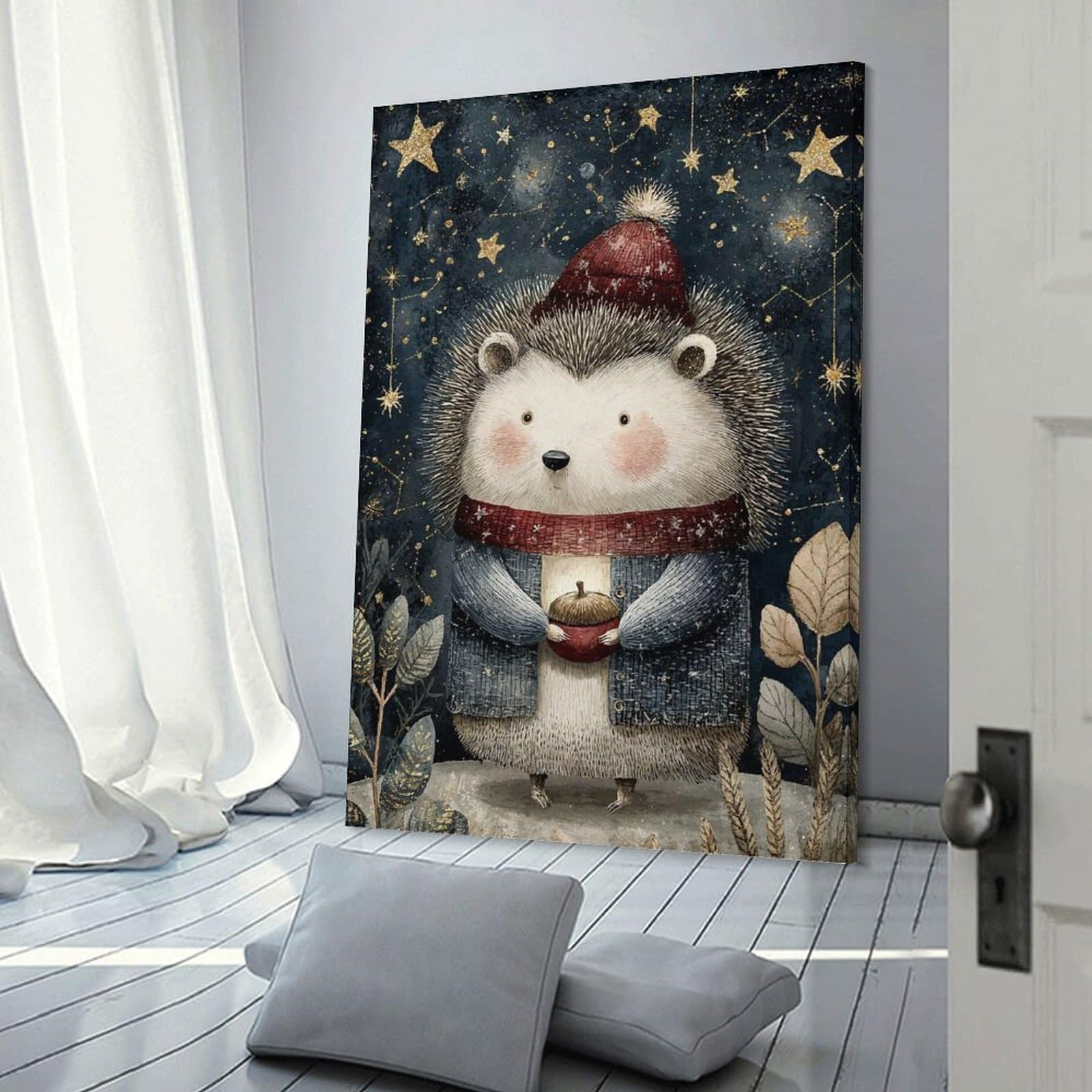 Junmoney Frame-Style-3 Winter Hedgehog With Acorn And Stars Canvas Wall Art 20X30inch(50X75cm), For Workspace Walls, Study Corners Or Bedrooms, Wall Art That Adds Style To Work Areas