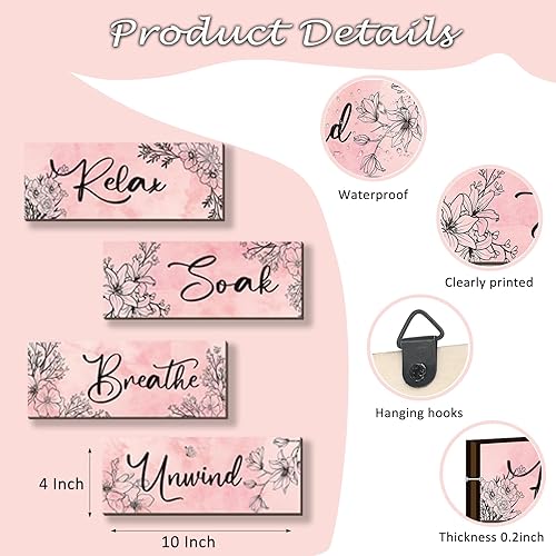 Miniatura 4 de 4 piezas de decoración de pared rosa floral rosa decoración de baño decoración de madera para habitación de niñas con relajación, remojo, relajarse,