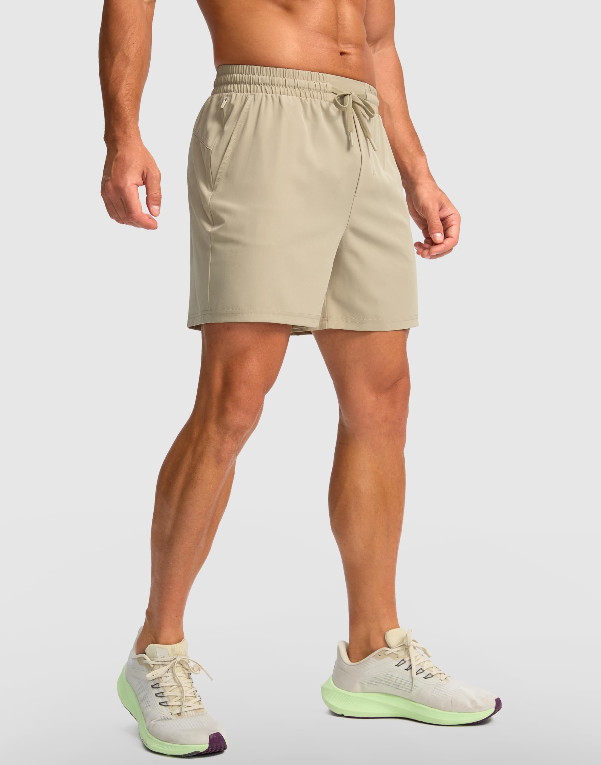 Soothfeel Men's Athletic Running Shorts with Zipper Pocket 5 Inch Quick Dry Tennis Gym Workout Shorts for Men(Khaki, X-Large)