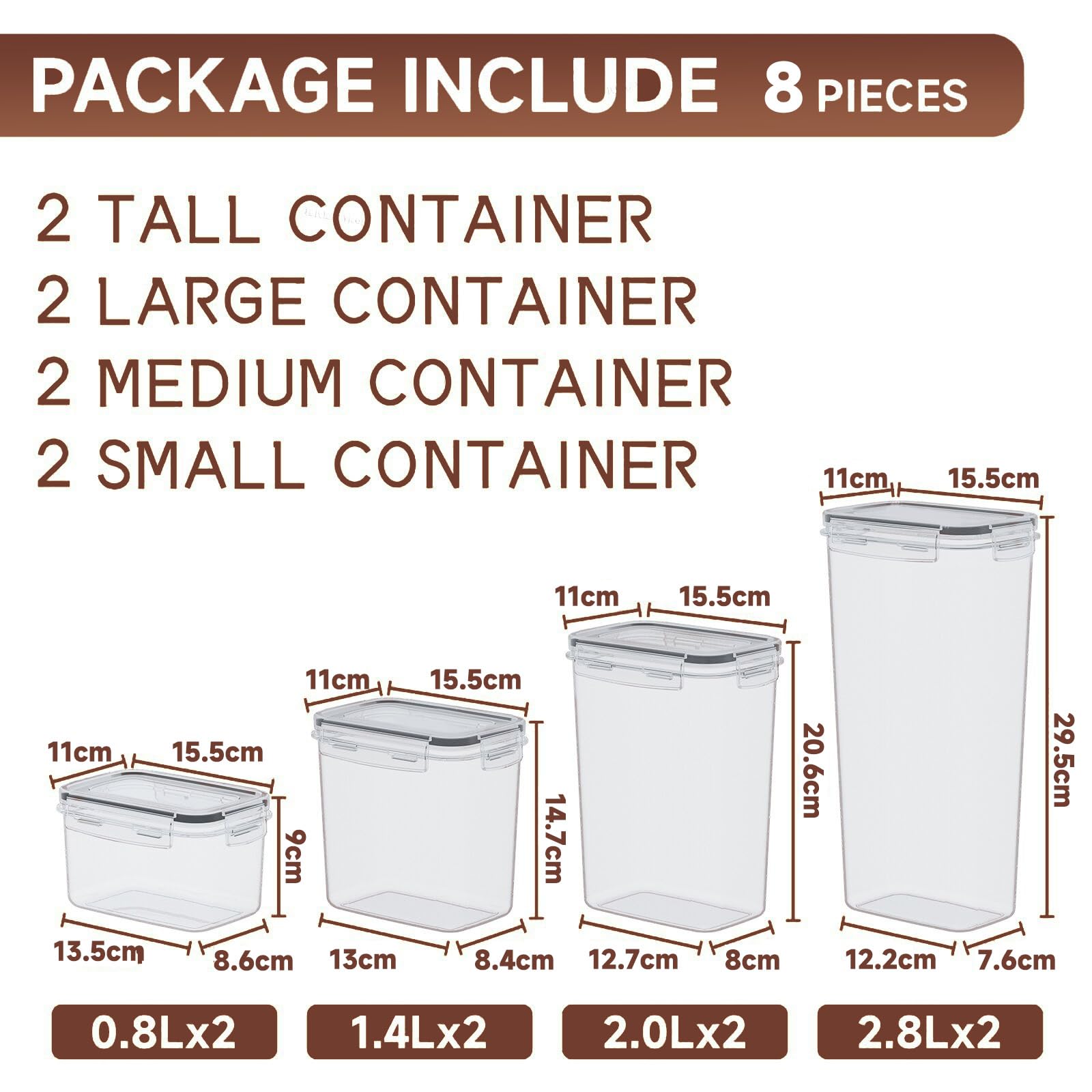 8 Barattoli Cucina - Contenitori Ermetici per Alimenti - Contenitori per Alimenti, 14L, BPA-Free, Resistenti a Umidità e Tarme, con Pennarello ed Etichette, Ideali per Cereali, Farina, Muesli, ecc