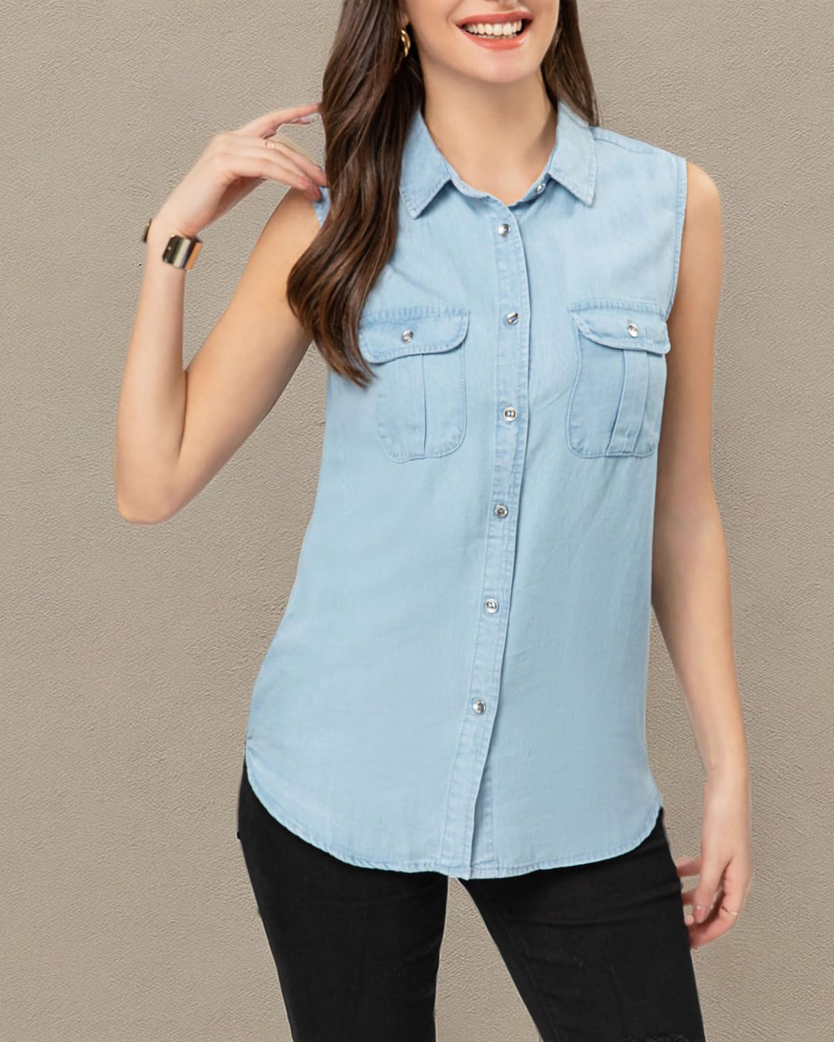 FASHIONSPARK Sleeveless Denim Tops for Women Button Down Denim Shirt Chambray Jean Tank Top Lightweight Blouses - Image 6