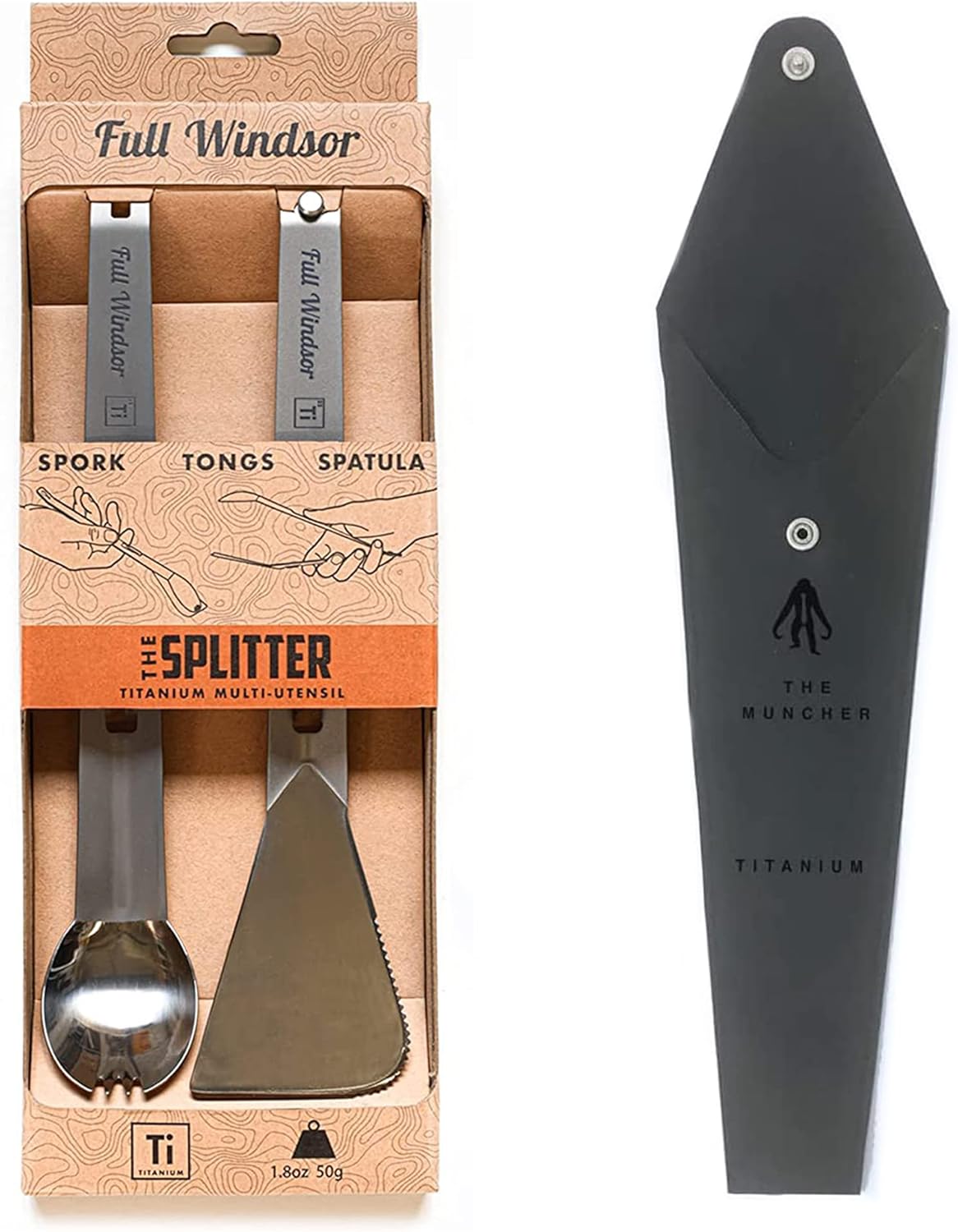 Full Windsor THE SPLITTER Titanium Tongs, Sporks and Spatula forTravel with Splitter Hypalon Pouch Bundle - Portable Lightweight Metal Multi-Utensil for Camp Kitchen & Outdoor Cooking