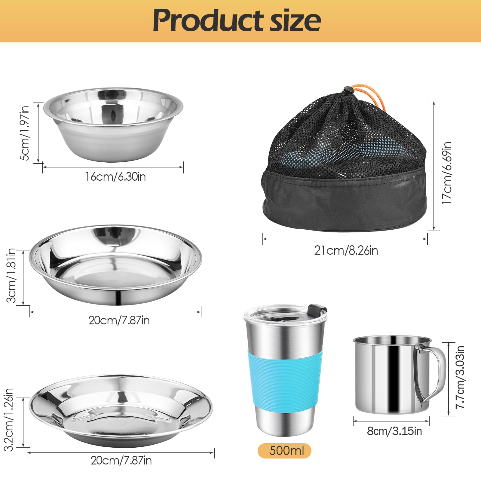 Juego de cubertería de camping, 10 unidades, acero inoxidable, con plato, cuenco, taza, tenedor, cuchara y bolsa para cubiertos, bolsa de almacenamiento, ligera para camping, senderismo y picnics