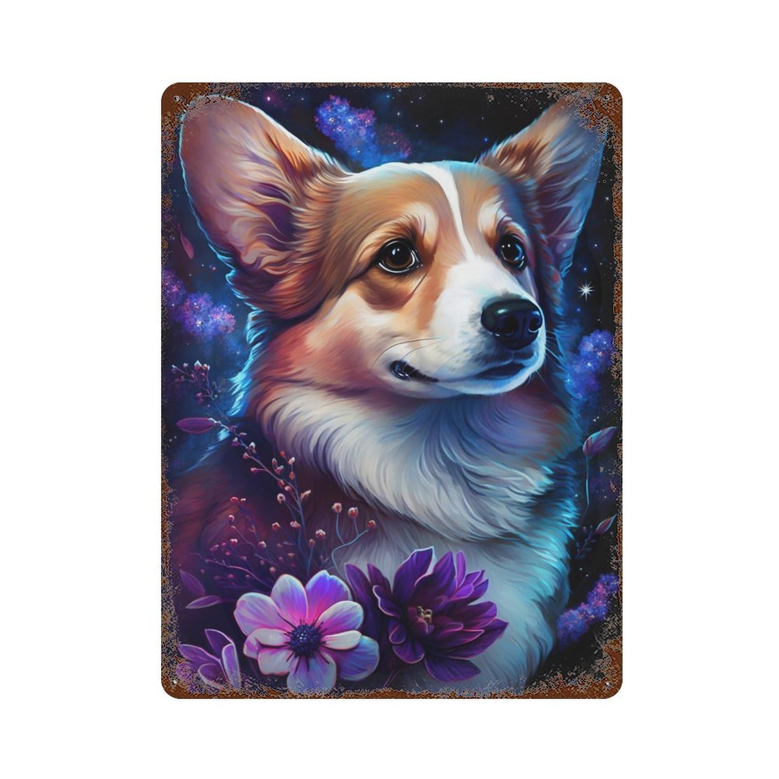 Magical Corgi with Flowers -1 Vintage Metal Tin Sign 15.7"x11.8", Ideal for Basement, Hobby Room And Garage Decor