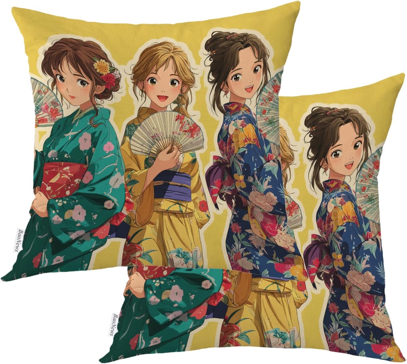 Cute Anime Manga Girls in Kimono Linen Throw Pillow Covers, Folding Fans Japanese Aesthetic Art Cushion Cover No-Fade Water Resistant Hidden Zipperl Outdoor/Indoor Square 16X16 in 2 Pcs