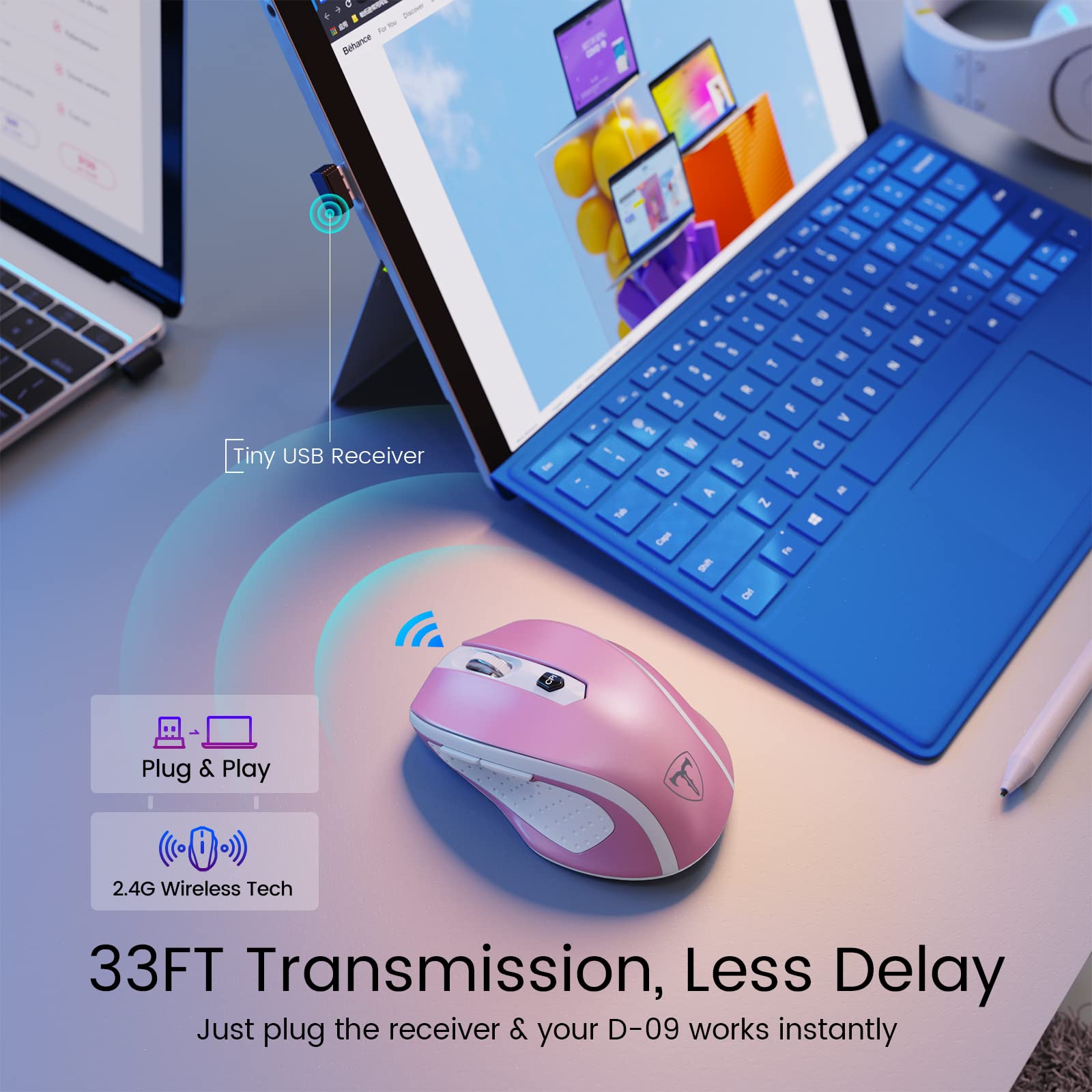 HOTWEEMS D-09 - Mouse wireless per computer portatile, ergonomico Plus, USB senza fili, impugnature ergonomiche, velocità della luce a 5 livelli 2400 DPI, batteria 16 mesi, portatile per PC, Mac,