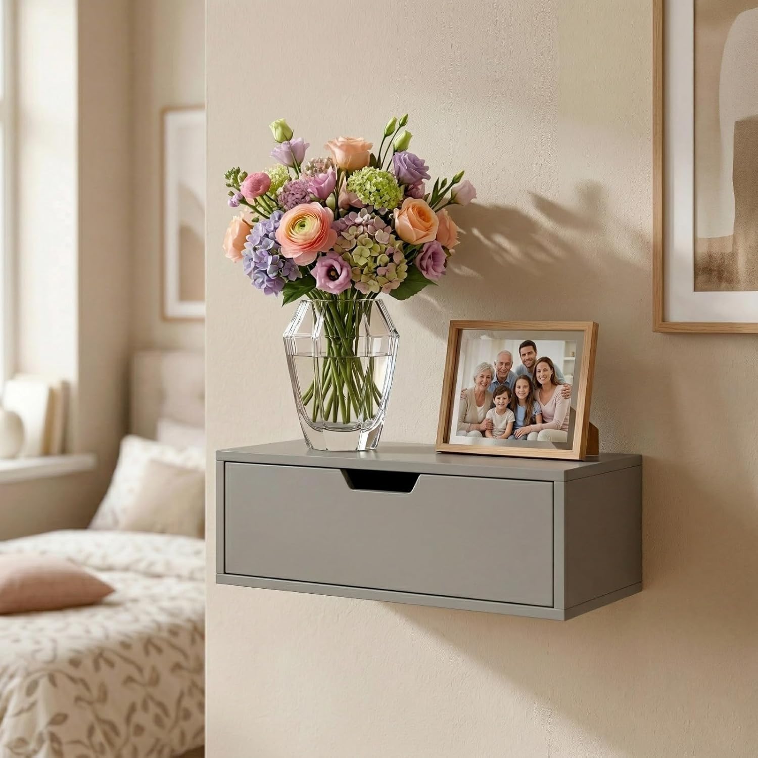 Floating Wall Shelf with Drawer, Modern Style, Engineered Wood, Navy Blue, 10x8x4 Inch, Home Decor Storage. (Grey)-picture-26