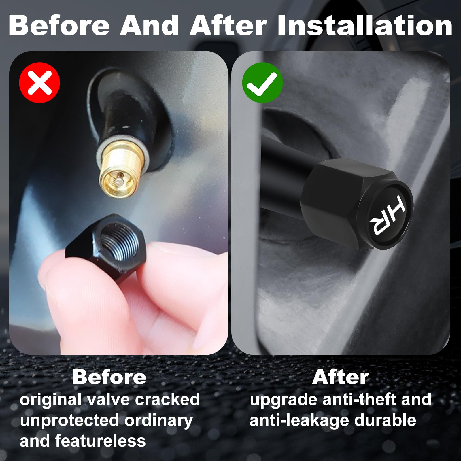 NVGVUP 16 Stück Ventilkappen Auto mit Beschriftung: Aluminium Ventildeckel Set, Schwarz Autoventil Kappe, Reifenmarkierer Valve Cap für SUV PKW UVM Mottorad Fahrrad Autoreifen - 5