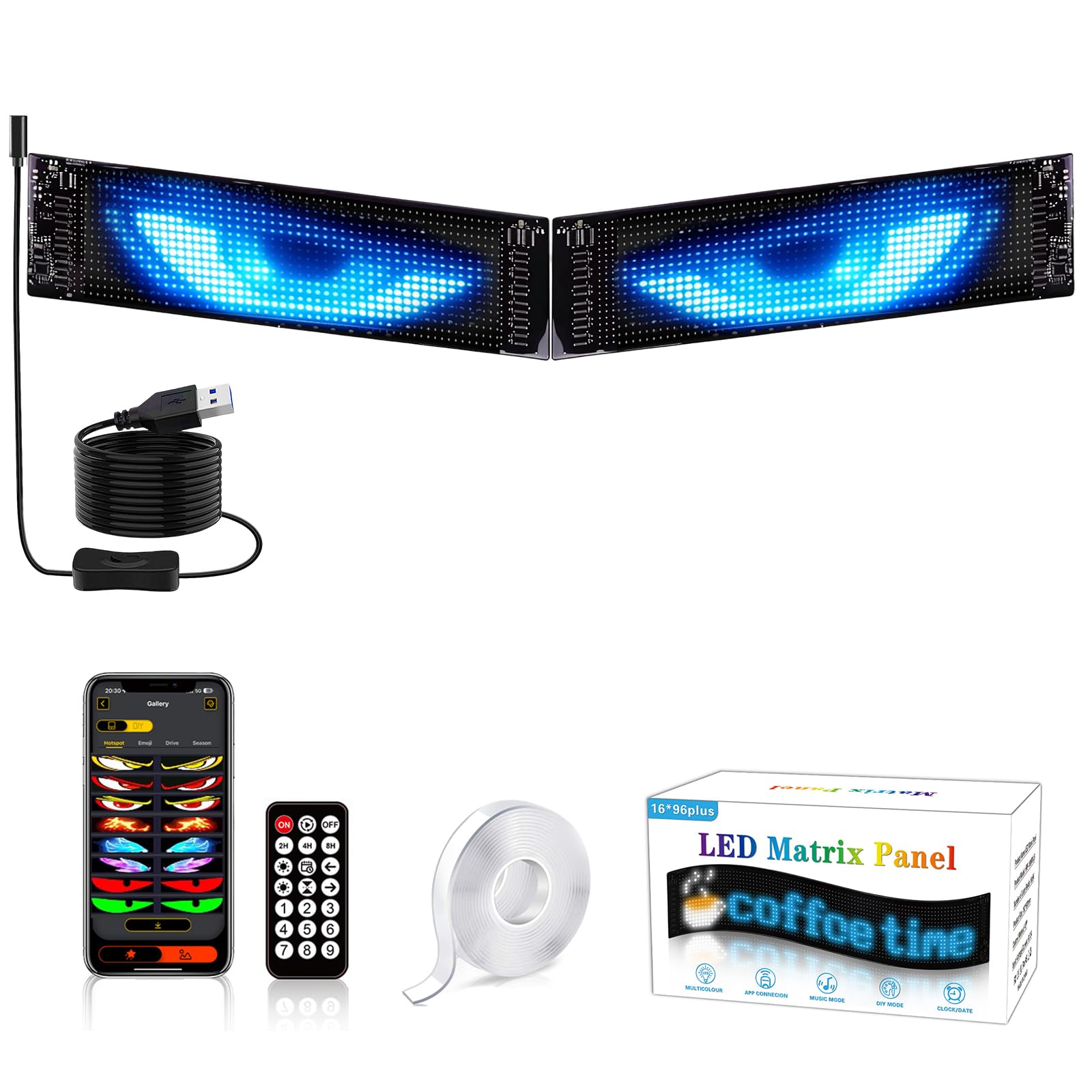 Programmable LED Sign 2PCS 15" x 4" Bluetooth APP Controlled LED Advertising Display with USB, Full Color Devil Eyes Panel for Scrolling High Brightness,Waterproof,for Festival Bar Hotel Store
