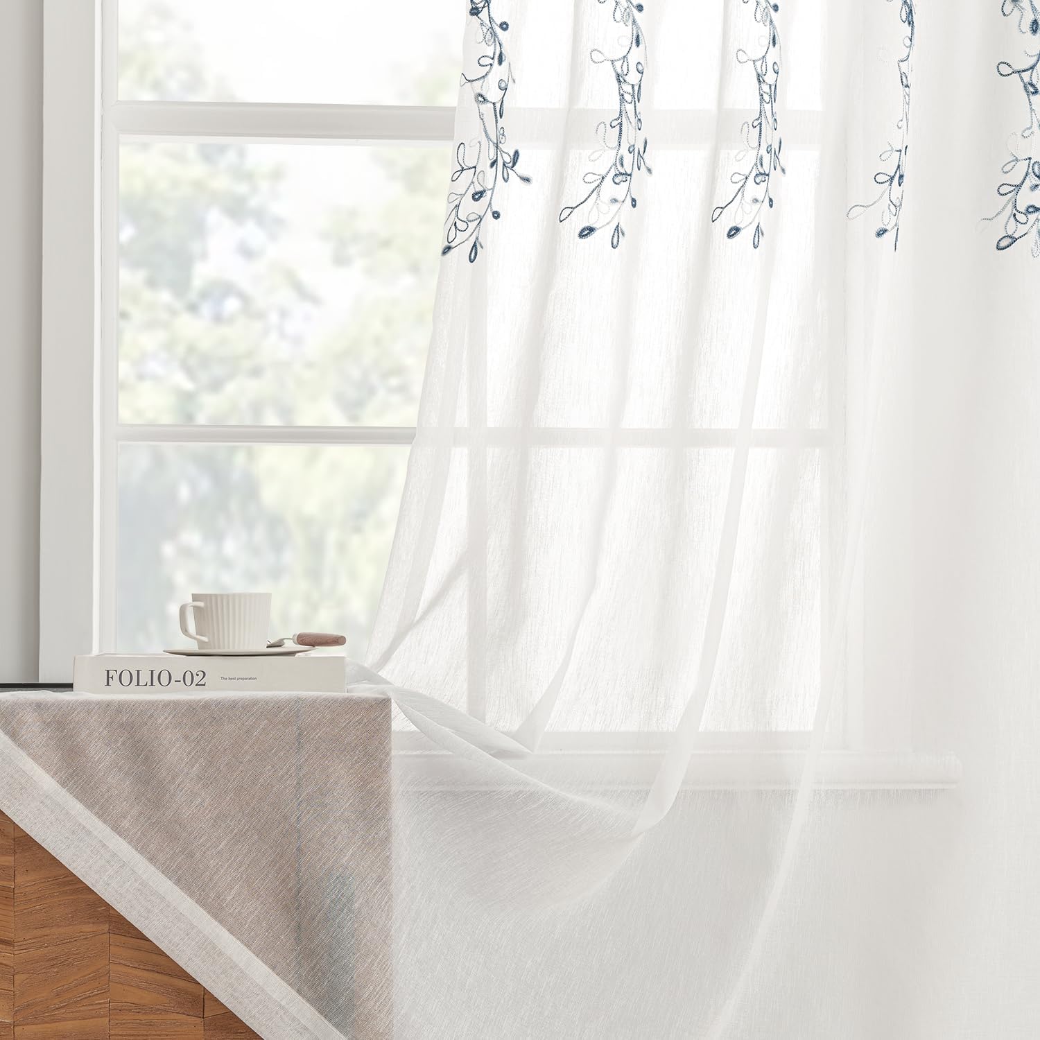 EMEMA Blue Voile Sheer Curtains, Embroidered Floral Vine Curtains 96 Inches Long, Rod Pocket Light Filtering Window Drapes for Bedroom Living Room, 2 Panels