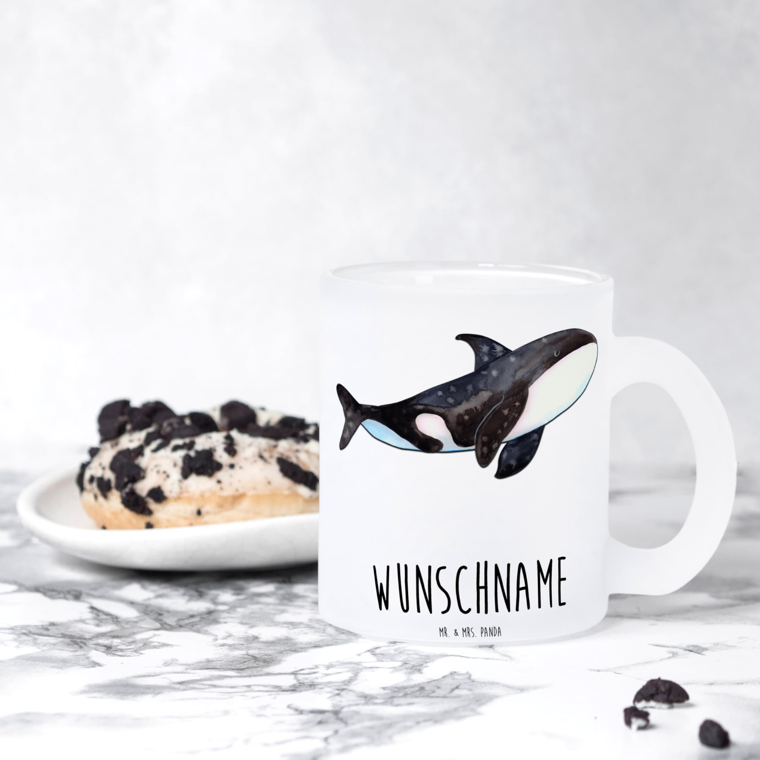 Mr. & Mrs. Panda Personalisierte Tasse Orca - Geschenke, Arbeit, Neustart, personalisieren, Meer, mit Namen, Orcas, Kaffeebecher personalisiert, selbst gestalten, Killerwal, Wal, Glühweinglas