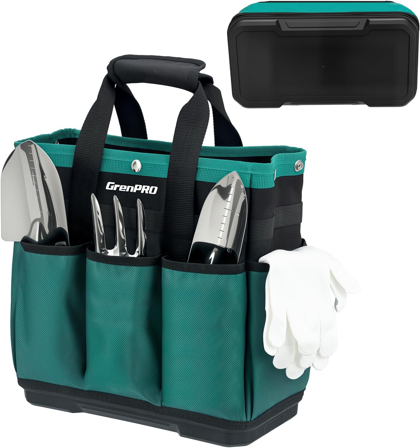 Garden Tool Bag Molded Bottom, Heavy Duty Tool Tote Toolbox with 10 Pockets, Reinforced & Top Snap Closure for Gardening Tools Storage, Dark Green(Tools Not Included)