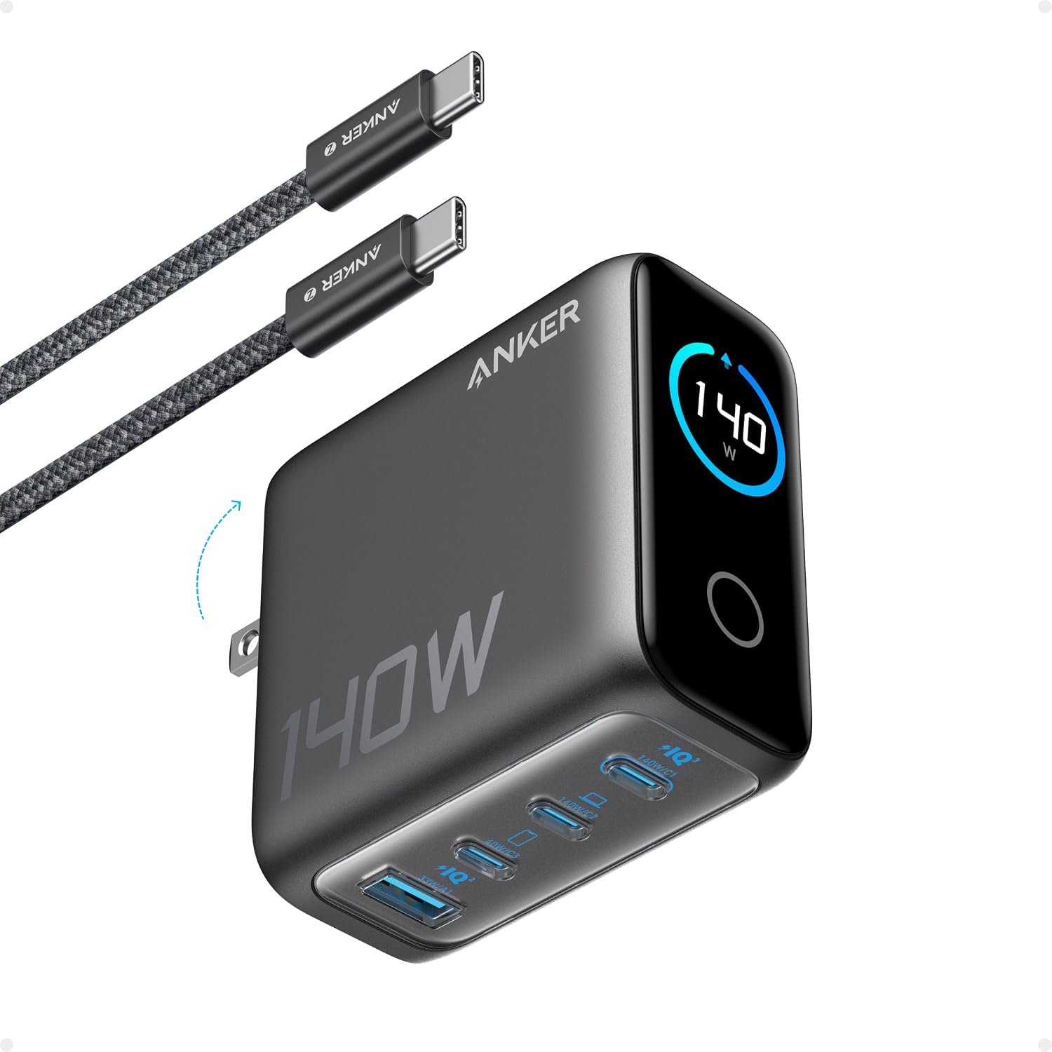140W Max 4-Port GaN Charging Blocks,Smart Display for MacBook Charger | Fast Charger USB C Power Adapter with Touch Controls for Macbook Pro,iPad,iPhone 17/16 Series(Include 5FT Cable,Non-Battery)