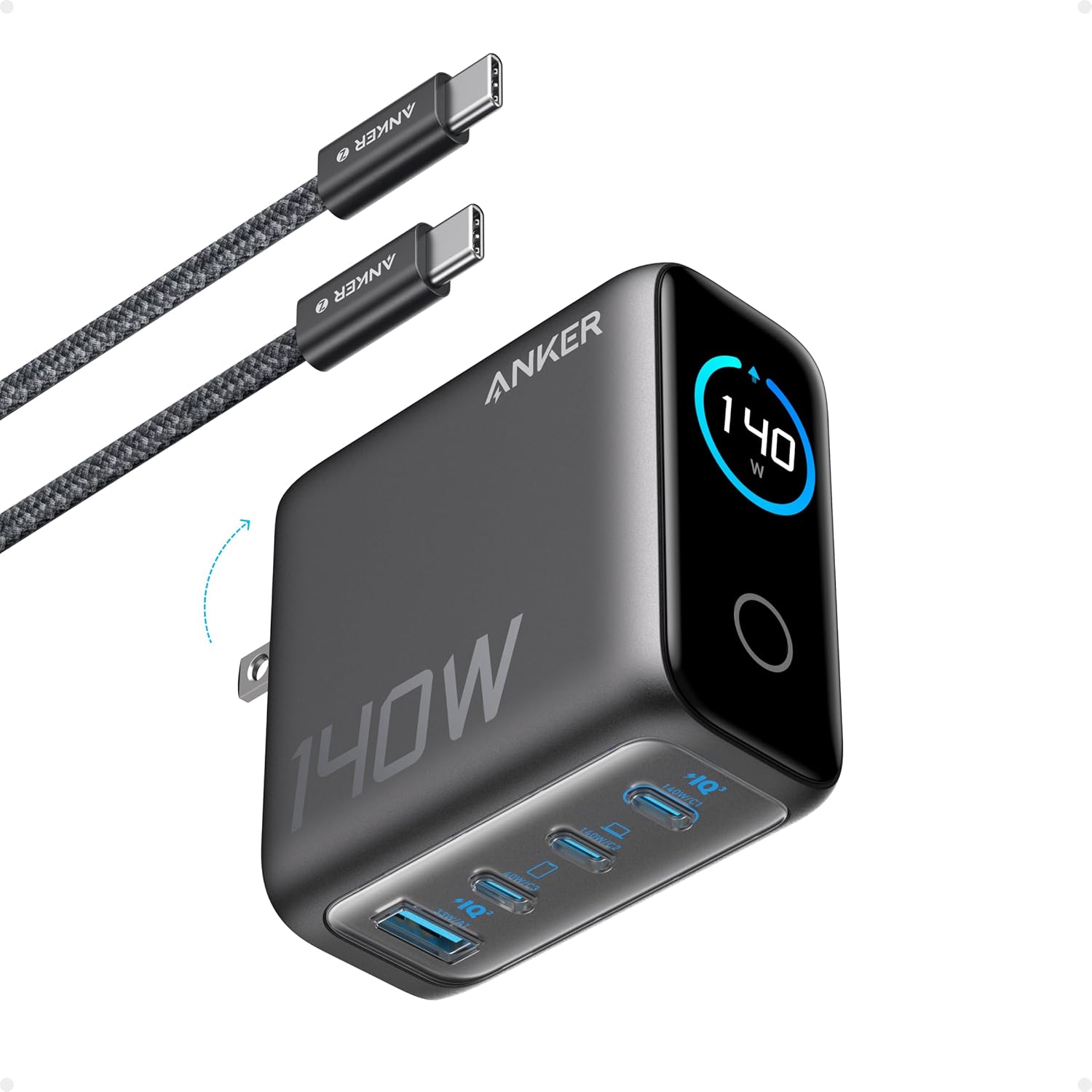Anker Laptop Charger 140W Max 4-Port GaN USB C Charger Block with Smart Display Fast Charging Power Adapter