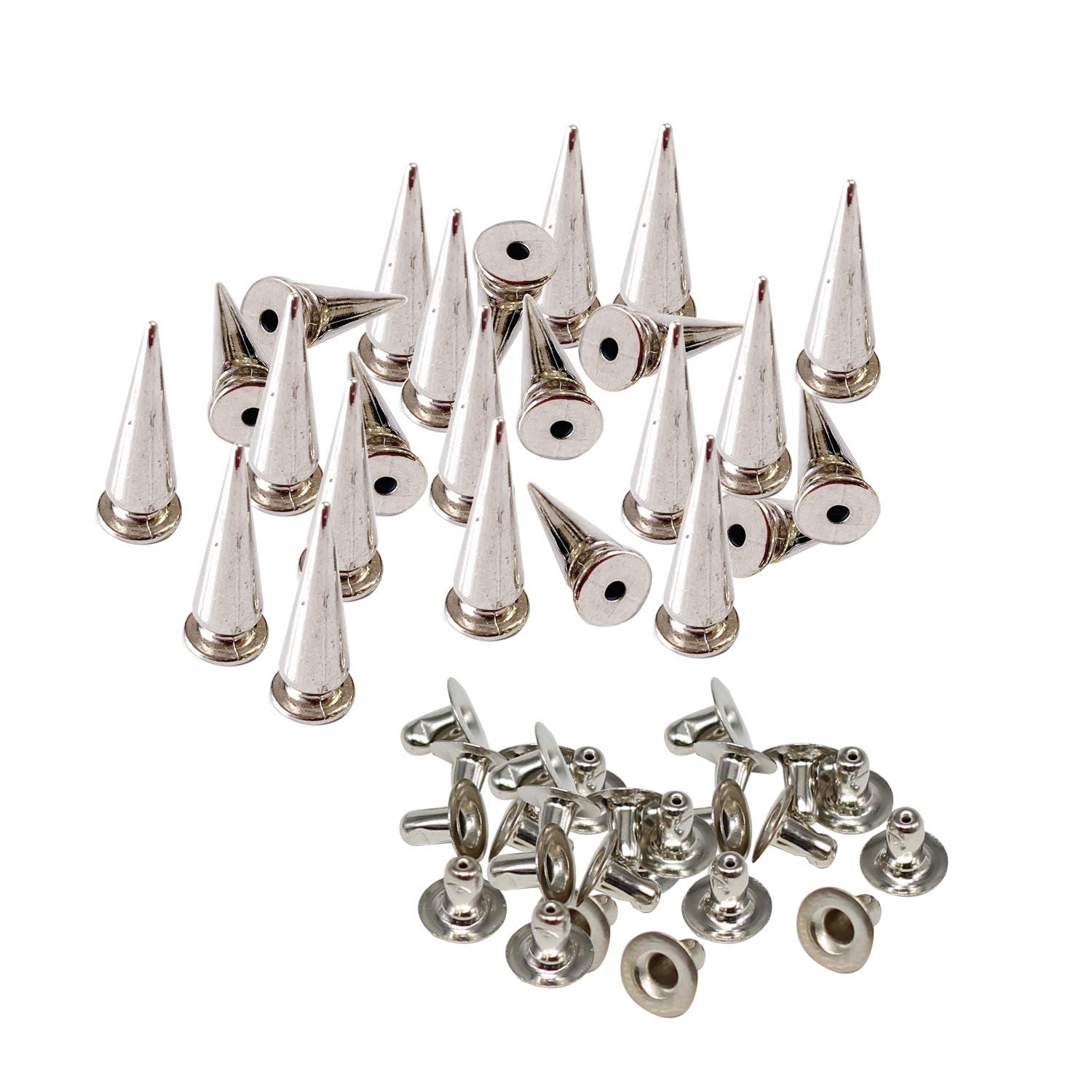 Trimming Shop 100 Set 10mm x 29mm Spikes for Clothing Silver Cone Shaped Studs Long Punk Spike Rivets Studs for DIY Leathercrafts, Clothing Leather Jacket Shoes Decoration