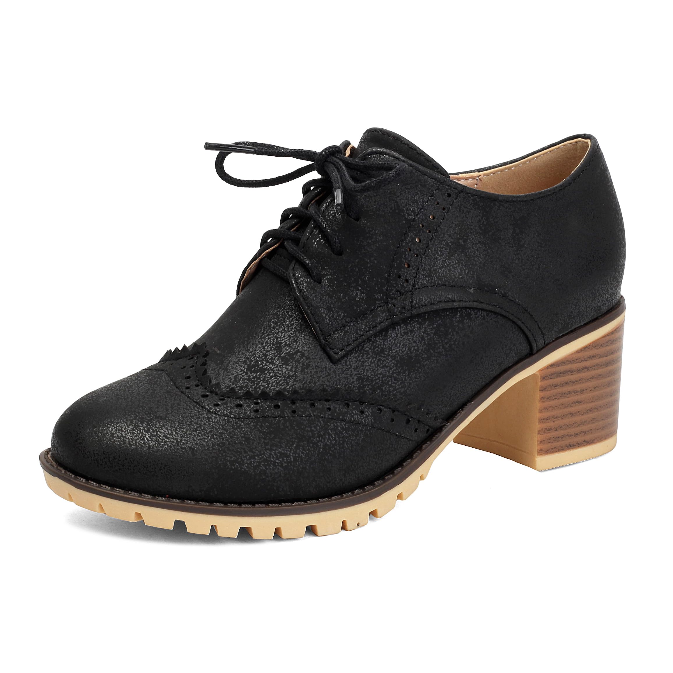 Womens Wingtip Oxford Shoes Lace-Up Block Heel Brogue Style Chunky Sole