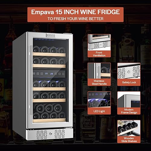 Miniatura 5 de Empava Chiller - Mini refrigerador doble de 15 pulgadas, enfriador de vino integrado o independiente, puerta de vidrio de acero inoxidable,