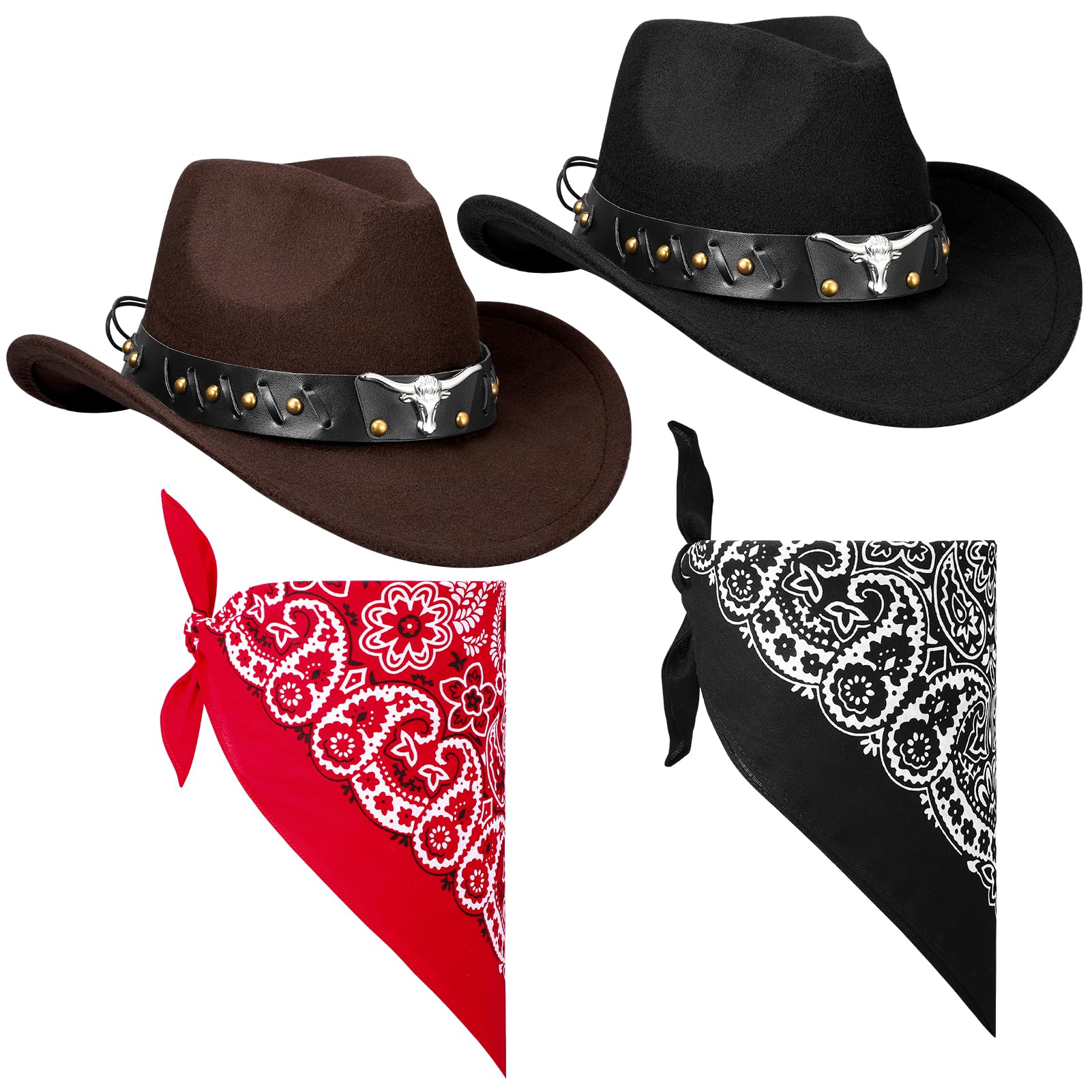 ViEinkaufen 2Pcs Cowboy Hats Black Brown, Cowboy Hat with Bandana Scarf Western Hat Set Fancy Dress Party Accessory for Women Men Halloween Birthday Cosplay Party (Black+Brown 4#)