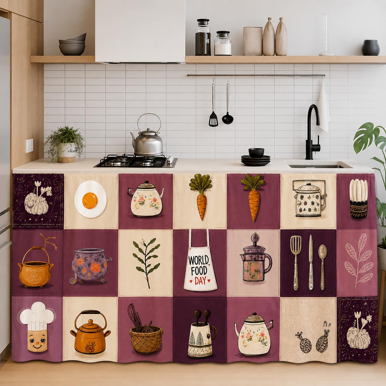 Premium Under Sink Curtain for Modular Kitchen | Rod Pocket Cabinet Curtain | Wash Basin Storage Cover| Decorative Kitchen Counter Skirt | Dust Proof | 150 x 71 cm (Purple 2)-image-44